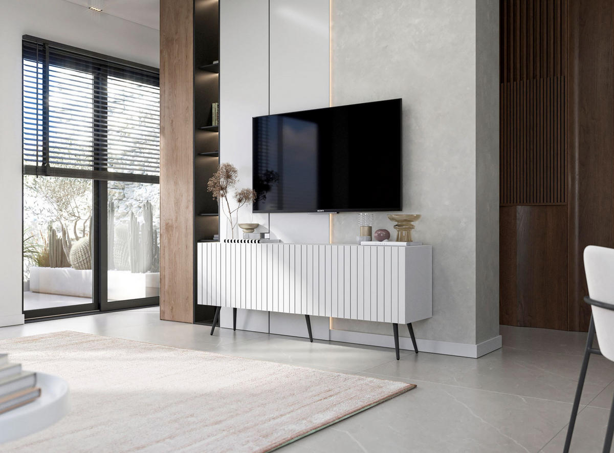 TV-SCHRANK Elpis Weiß Matt mit Metallbeine Glamour 150 cm - Schwarz/Weiß, Holzwerkstoff/Metall (150/60.5/36.5cm) - Meble Lindner