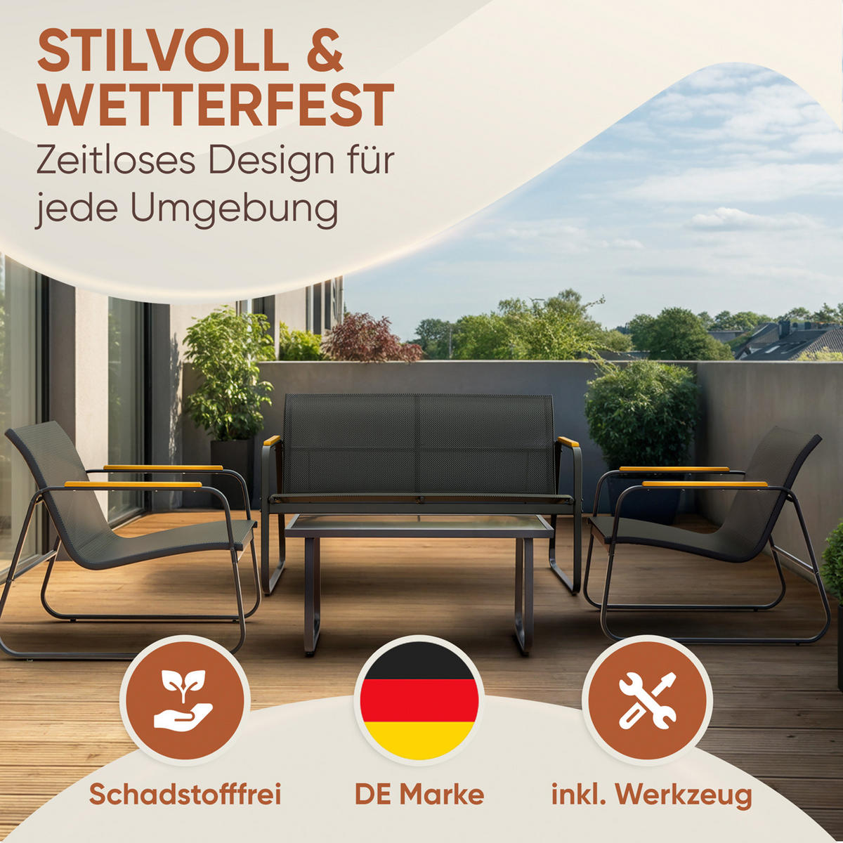 GARTENMÖBEL 4er Set, 2 Sessel 1 Tisch und 1 Bank, Anthrazit - Anthrazit, Metall - Blumtal