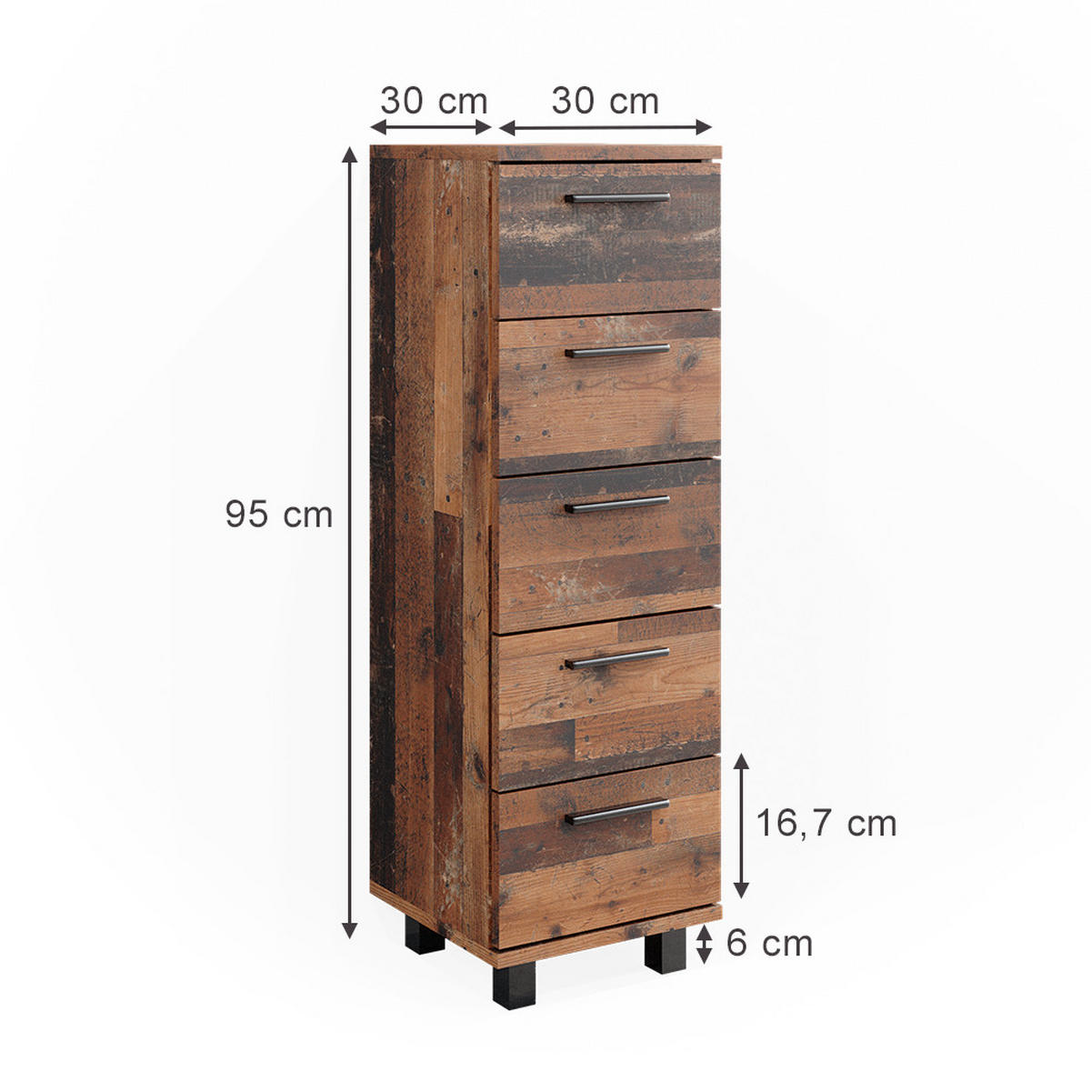 MIDISCHRANK Ilias Eiche rustikal 30 x 95 cm mit 5 Schubladen - Wildeiche, Holzwerkstoff (30/95/30cm) - Vicco