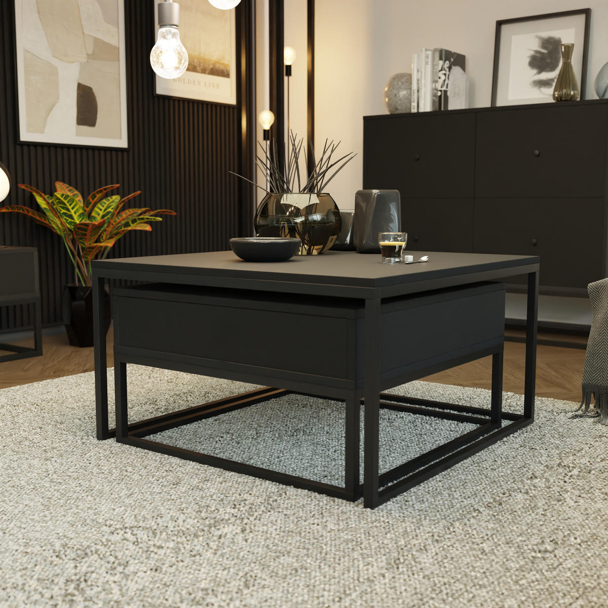 COUCHTISCH quadratisch Schwarz, MDF Tischplatte, Rahmen Schwarz - Schwarz, Holzwerkstoff (70/70/42cm) - Idohome