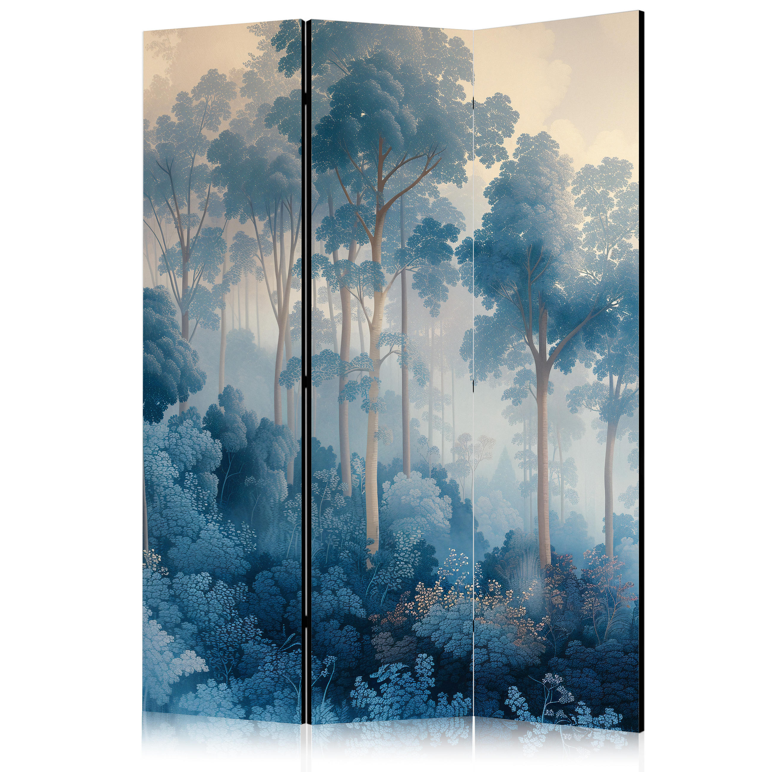 PARAVENT Beidseitig Bedruckter 3-tlg 135x172 cm Blauer Wald im Nebel - Blau, Holz/Textil (135/172/3cm) - Muralo