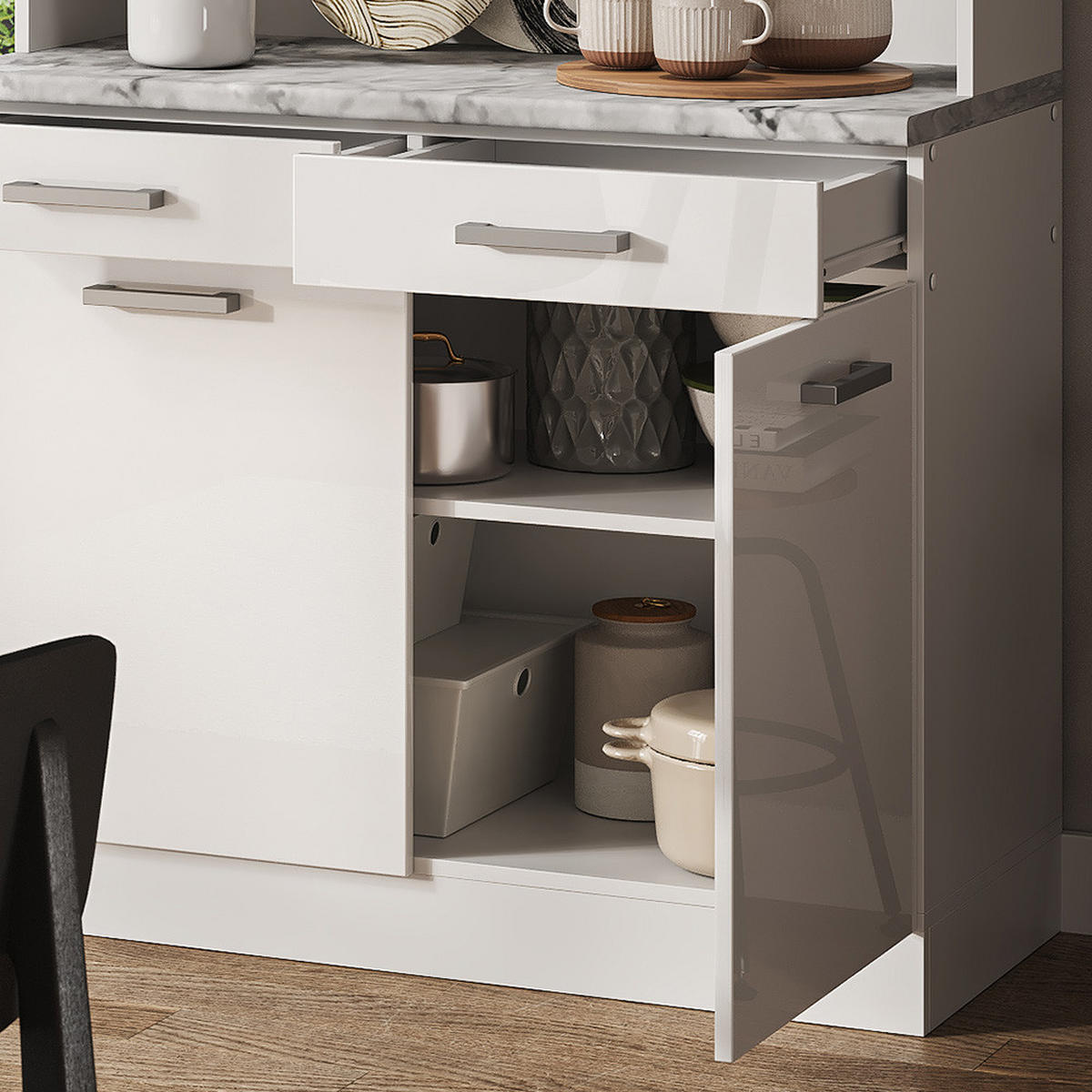 BUFFET R-Line Weiß Hochglanz 100 cm, AP Marmor - Weiß Hochglanz/Weiß, Holzwerkstoff (100/81.6/60cm) - Vicco