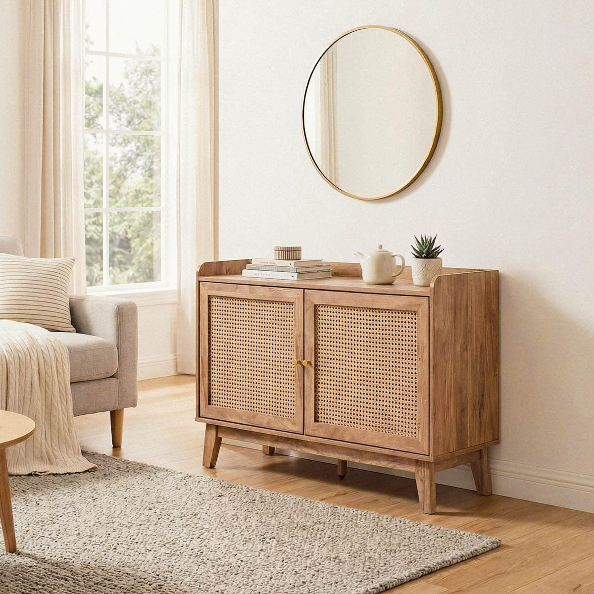 SIDEBOARD 2 Türen mit Rattan-Geflecht L110 cm - PALMO - Eschefarben, Holzwerkstoff (39/74.5/13cm) - Calicosy