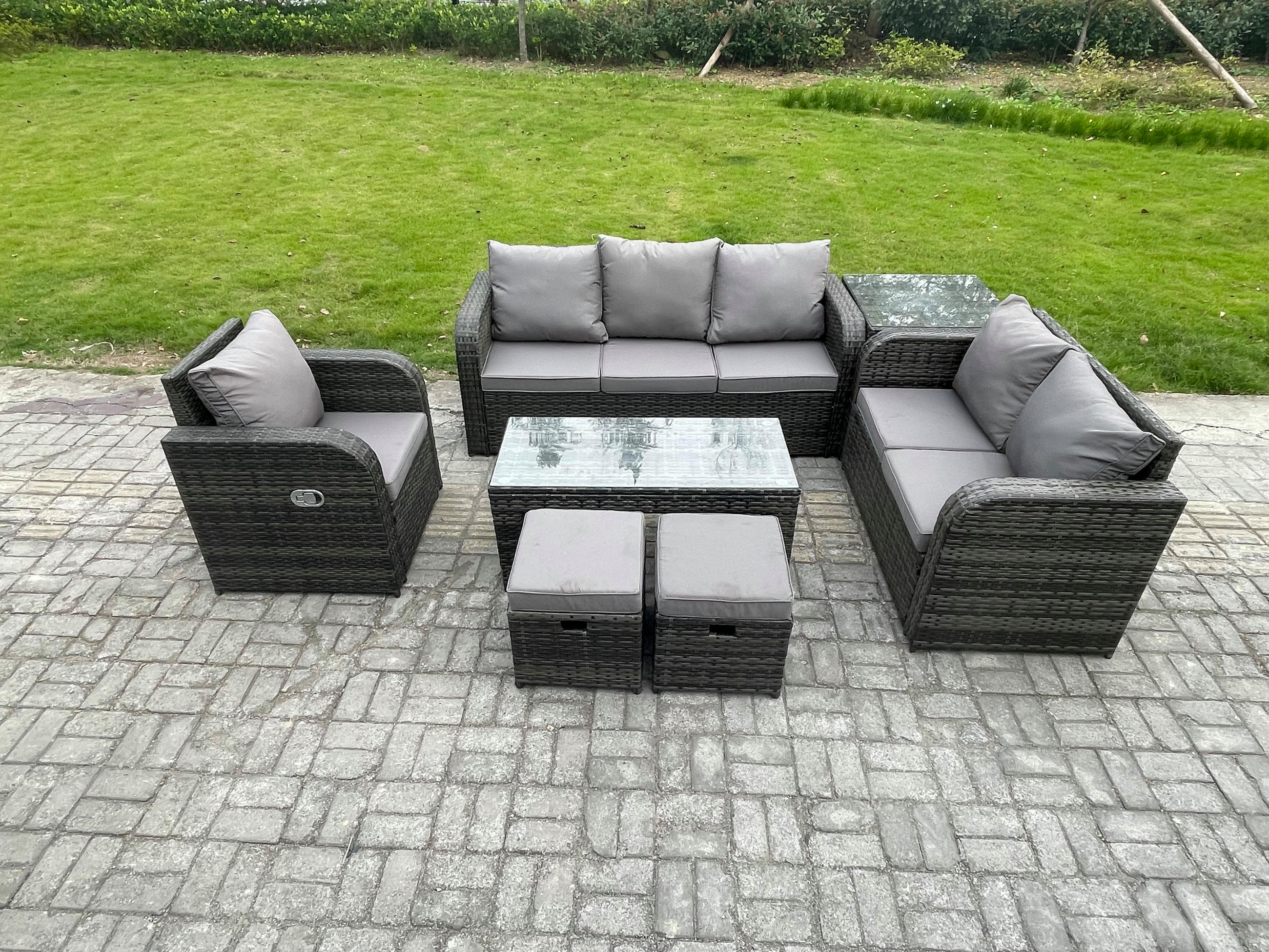 GARTENSOFA SET mit rechteckigem COUCHTISCH Polyrattan 8-Sitzer Dunkelgrau - Dunkelgrau/Grau, Glas/Kunststoff - Fimous