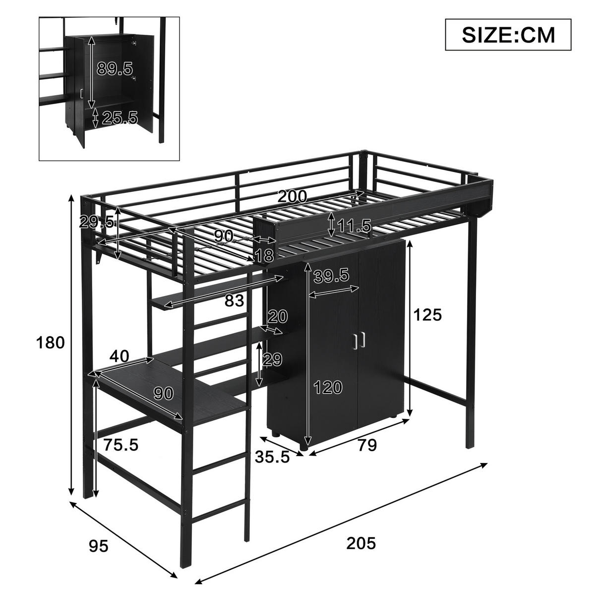 ETAGENBETT 90/200 cm in Schwarz mit Tisch und Kleiderschrank - Weiß, Metall - BEAOK