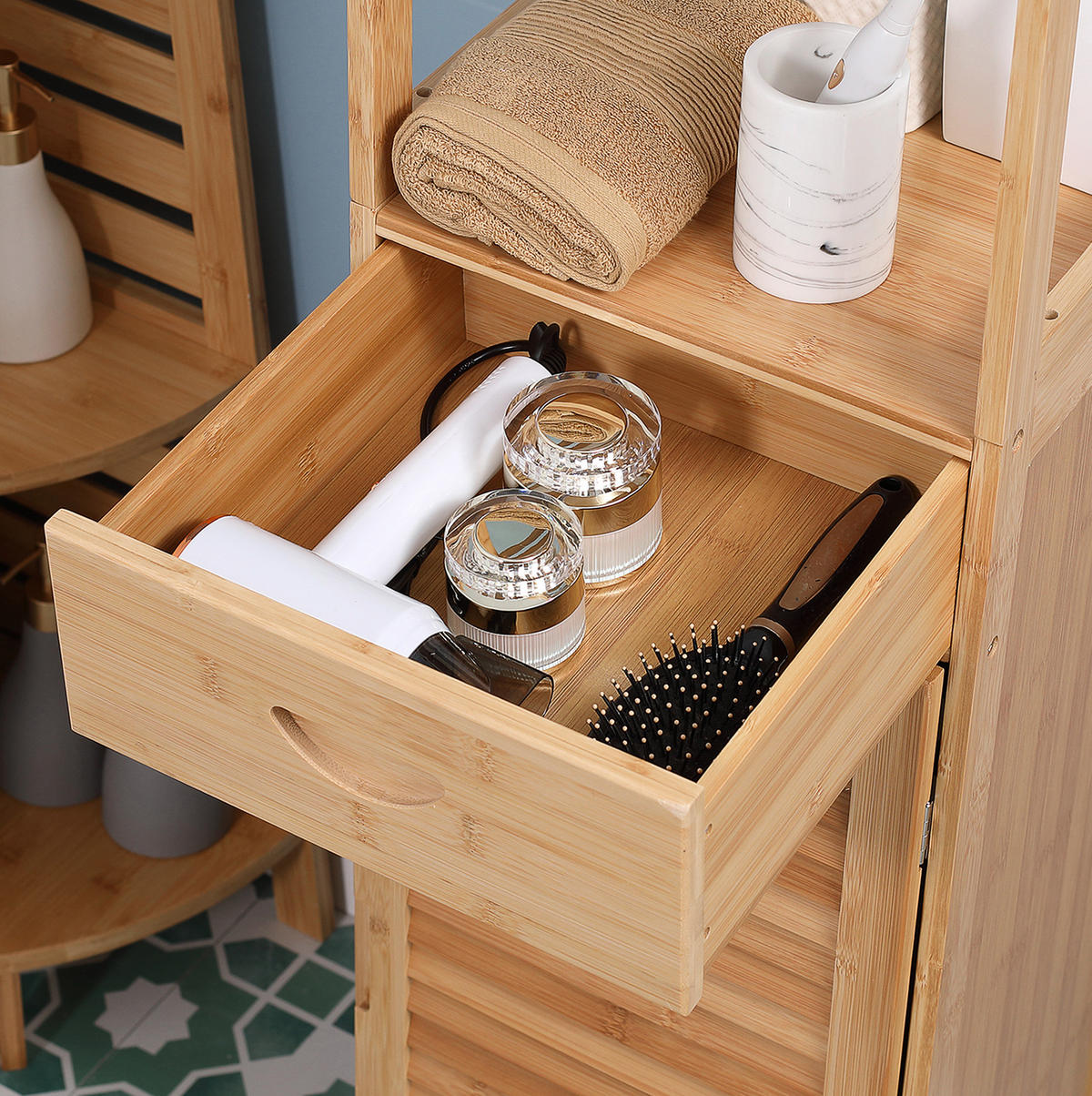 BADEZIMMERSCHRANK 32x30x163 cm Natur aus Bambus mit Schublade & Lamellentür - Naturfarben, Naturmaterialen (32/163/30cm) - Modfu