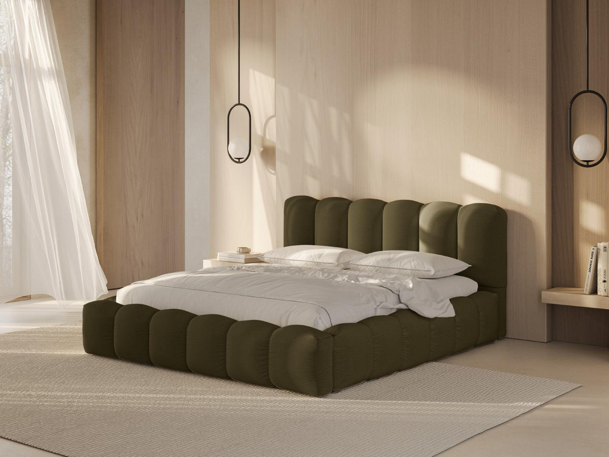 BETT mit Bettkasten und Kopfteil Lupine aus strukturiertem Stoff grün 200x200cm - Grün, Textil (200/200cm) - Micadoni