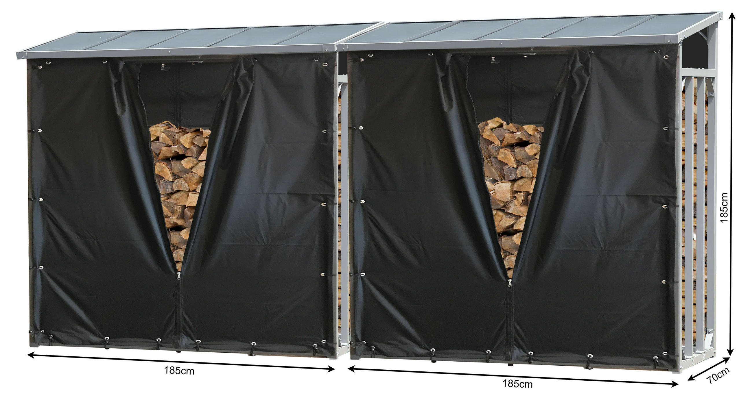 KAMINHOLZREGAL Außen 2 Stück 185x70x185 cm Aluminium Grau mit Wetterschutz 4,6 m³ / 7 SRM - Schwarz/Grau, Metall (185/185/70cm) - QUICK STAR