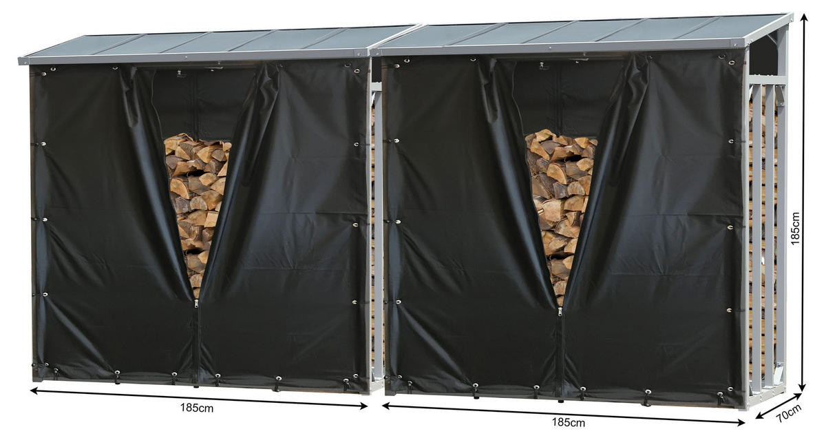 KAMINHOLZREGAL Außen 2 Stück 185x70x185 cm Aluminium Grau mit Wetterschutz 4,6 m³ / 7 SRM - Schwarz/Grau, Metall (185/185/70cm) - QUICK STAR