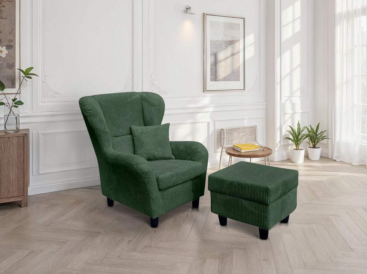 OHRENSESSEL mit HOCKER, hoher Sitzkomfort durch Wellenunterfederung B90/H98/T76 cm, Cord Dunkel-Grün / 18018 - Schwarz/Grün, Holz/Textil (90/98/76cm) - luma-home