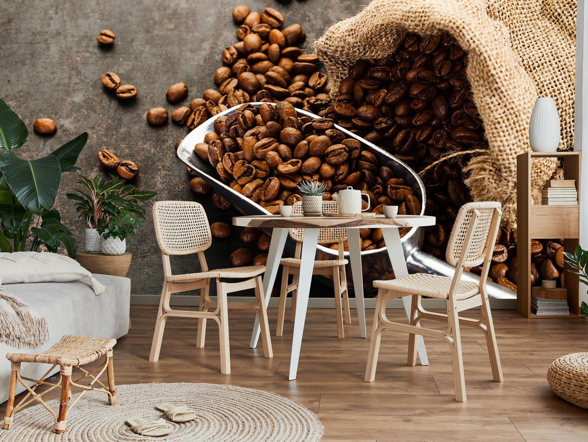 FOTOTAPETE für Küche Beutel mit Kaffeebohnen auf Beton 400x280 - Beige/Schwarz, Papier (400/280cm) - Muralo