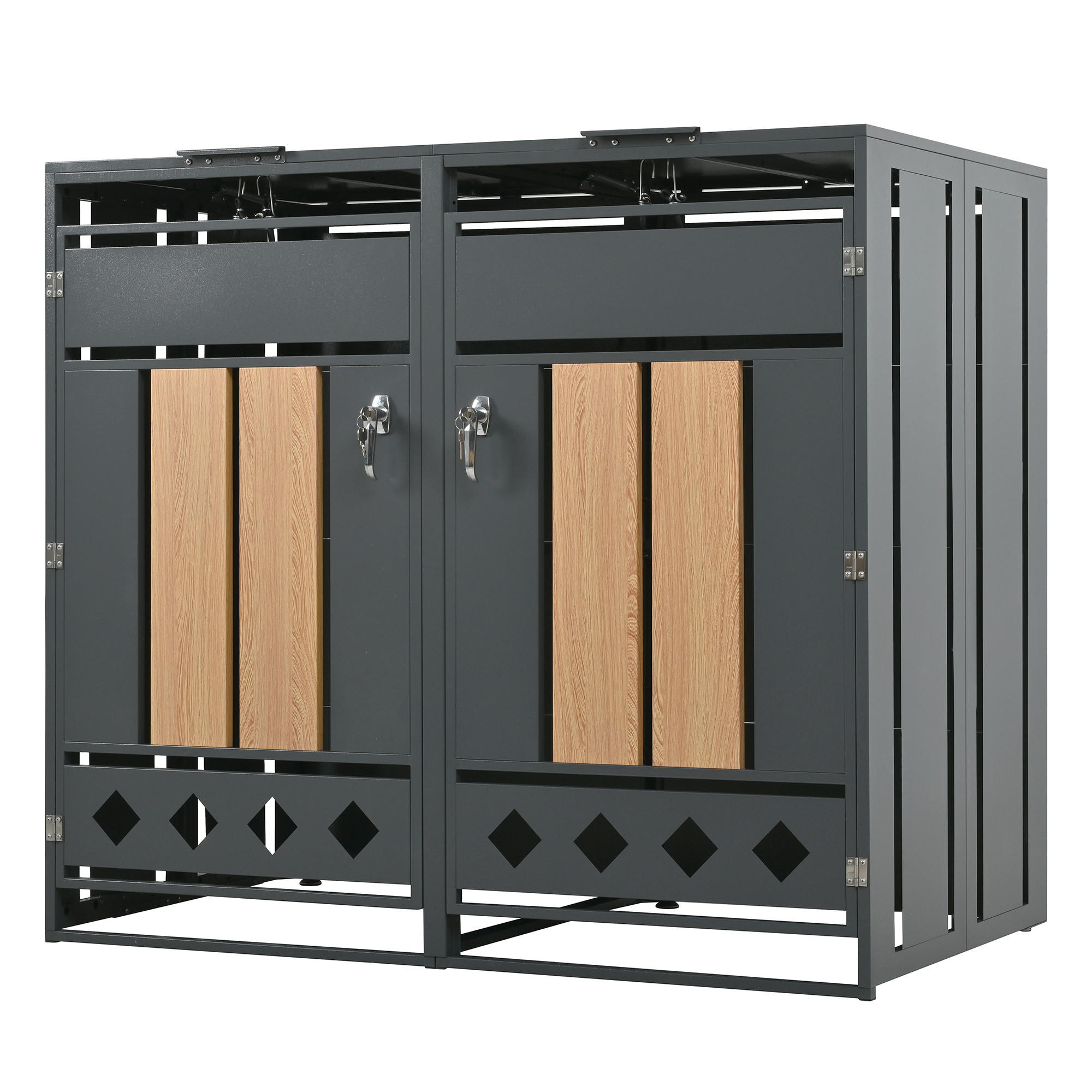 MÜLLTONNENBOX aus Stahl in Grau Holzoptik mit hydraulischem Klappdeckel - Grau, Metall (132/118.5/80cm) - Modfu