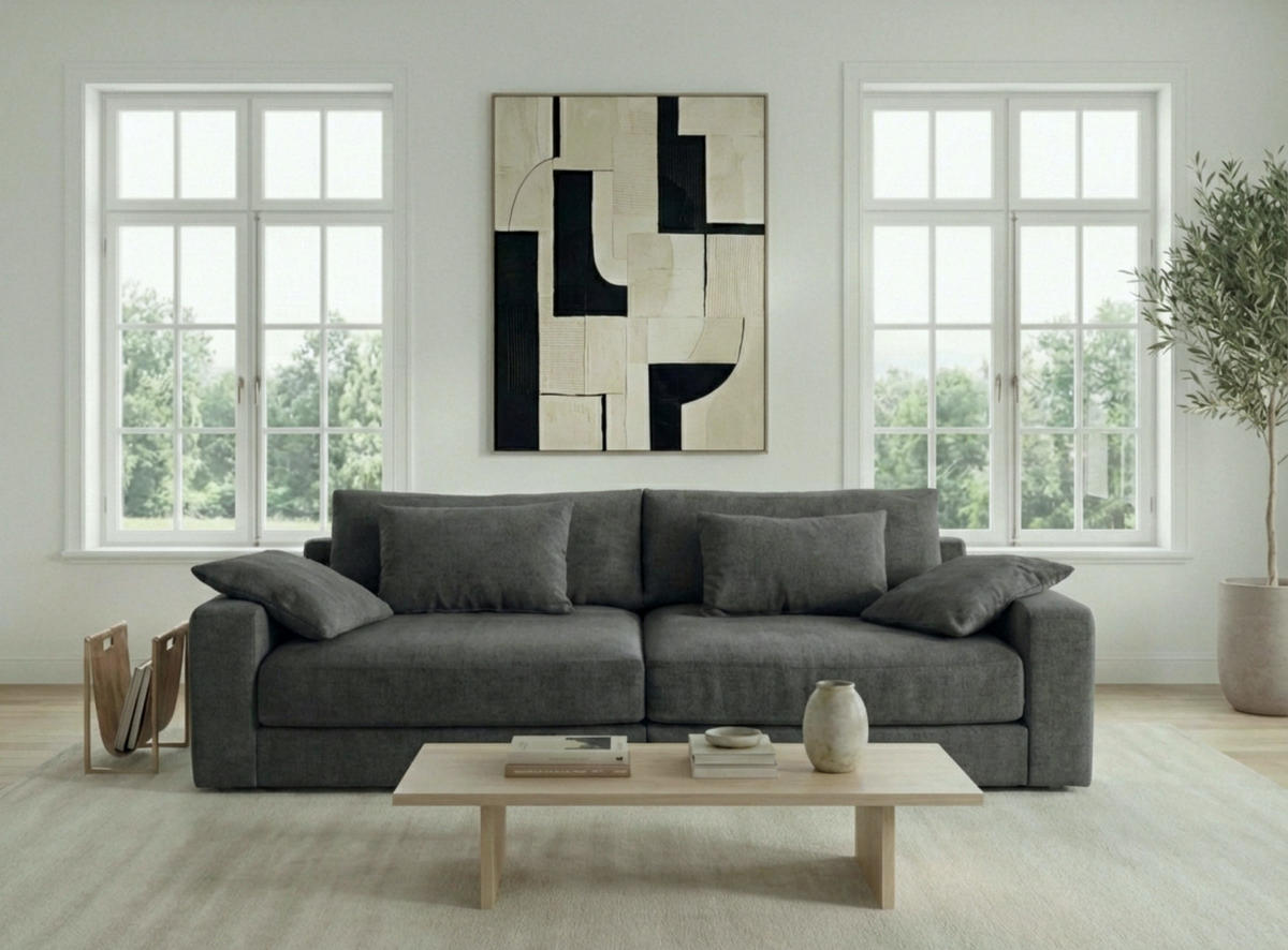 BIG-SOFA mit Federkern B290/T135/H90 cm extratief, Liegefläche 122x240 cm, Flachgewebe Dunkelgrau / 15248 - Dunkelgrau/Schwarz, Kunststoff/Textil (290/90/135cm) - luma-home