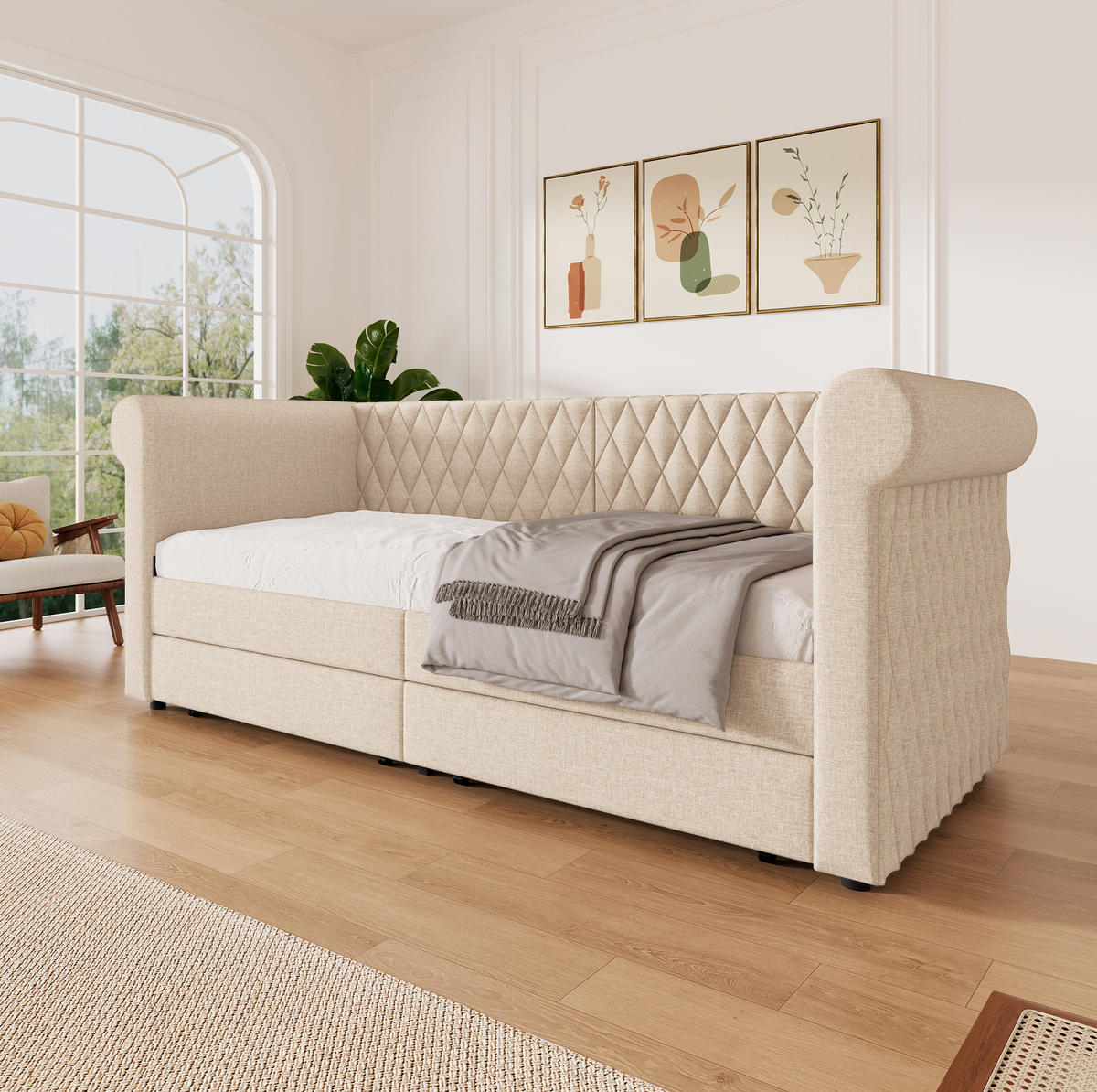 POLSTERBETT 90/200 cm mit 2 Schubladen, gepolsterten Armlehnen, Lattenrost und Vintage-Kopfteil, Beige - Beige, Textil (90/200cm) - Redom