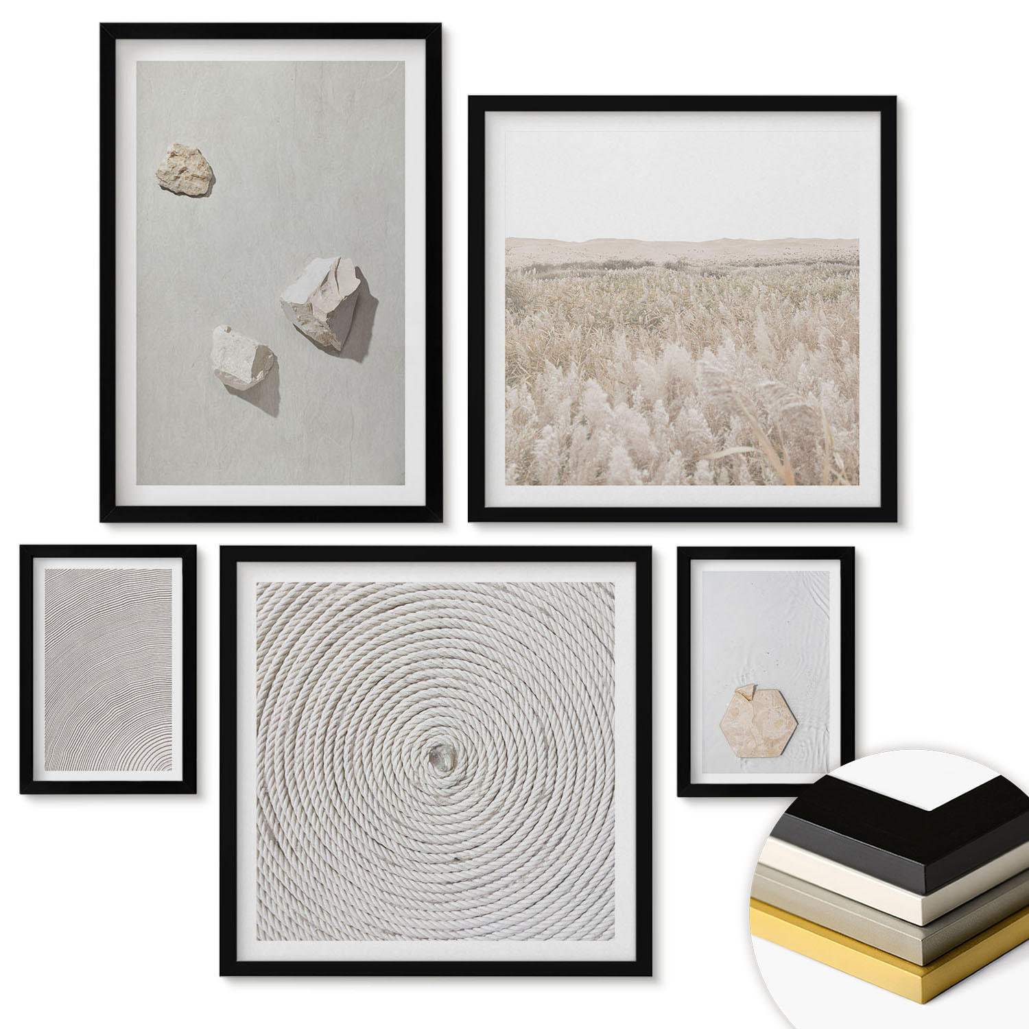 WANDBILDER 5er-Set - 50x50 cm & 20x30 cm & 40x60 cm Schwarzer Rahmen - Leichte Boho-Sandtexturen - Schwarz, Kunststoff (40/60cm) - ArtPrintCave