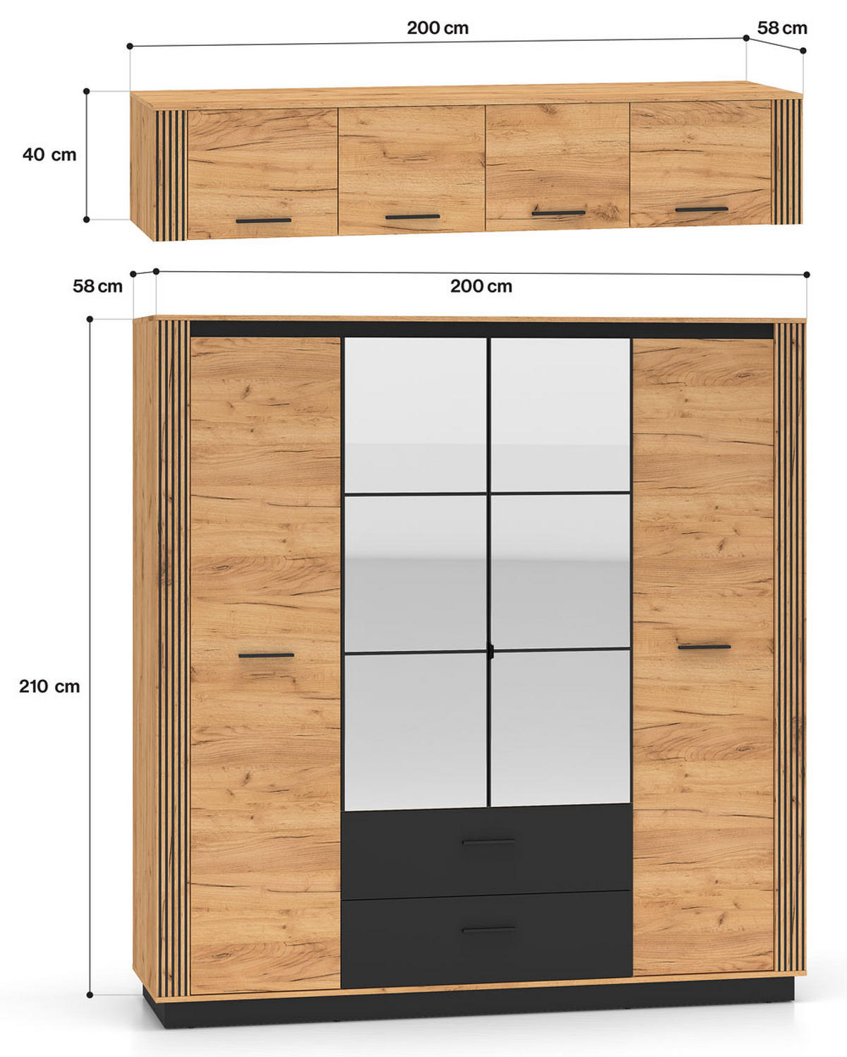 KLEIDERSCHRANK Urso Gold Craft Eiche / Schwarz 200 / 58 / 250 cm - Eichefarben/Schwarz, Holz/Holzwerkstoff (200/250/58cm) - Feldmann-Wohnen