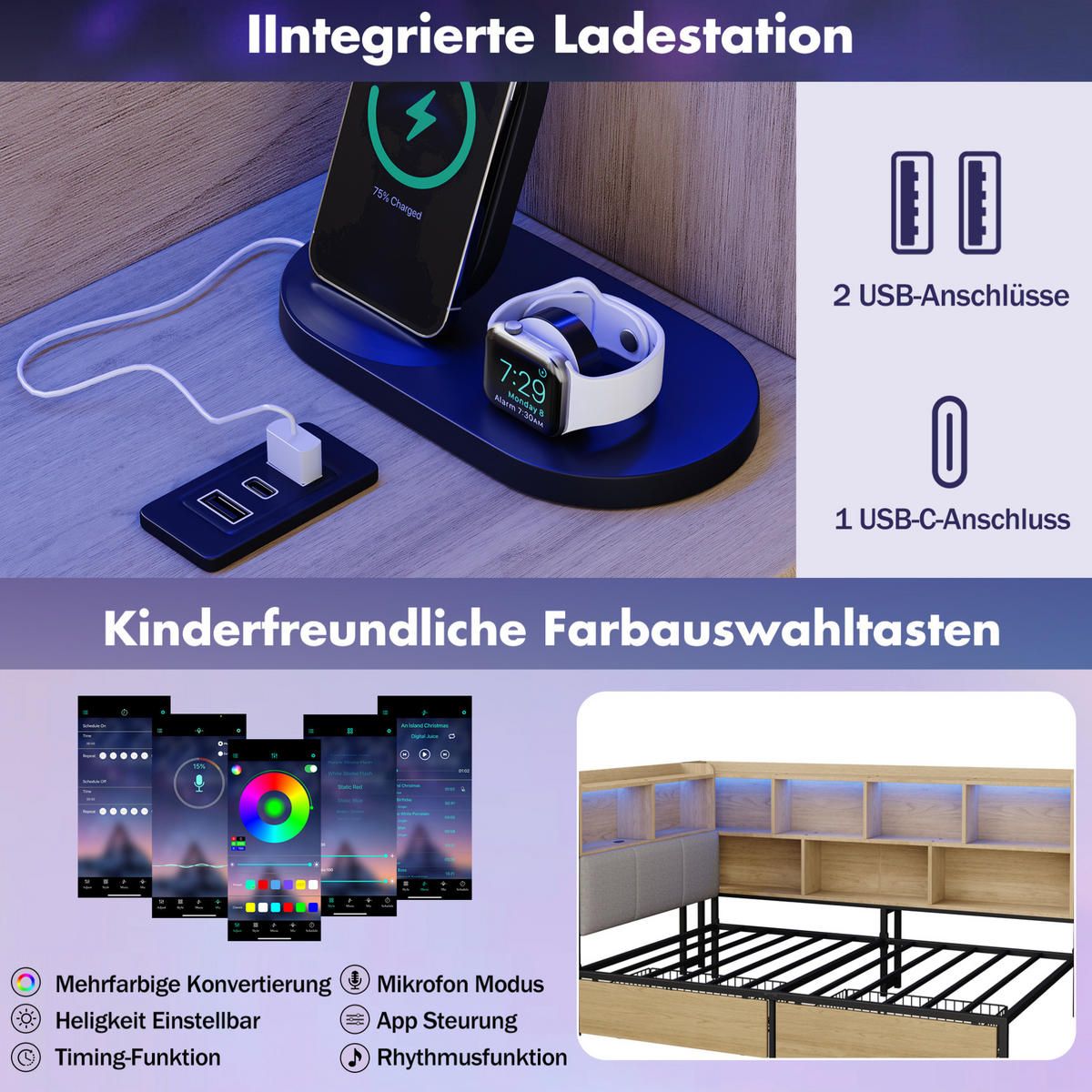 JUGENDBETT 90/200 cm aus MDF und Metall mit LED-Beleuchtung, USB- und Type-C-Anschluss, Stauraum und 2 Schubladen, Natur/Grau - Naturfarben, Holzwerkstoff (90/200cm) - Redom
