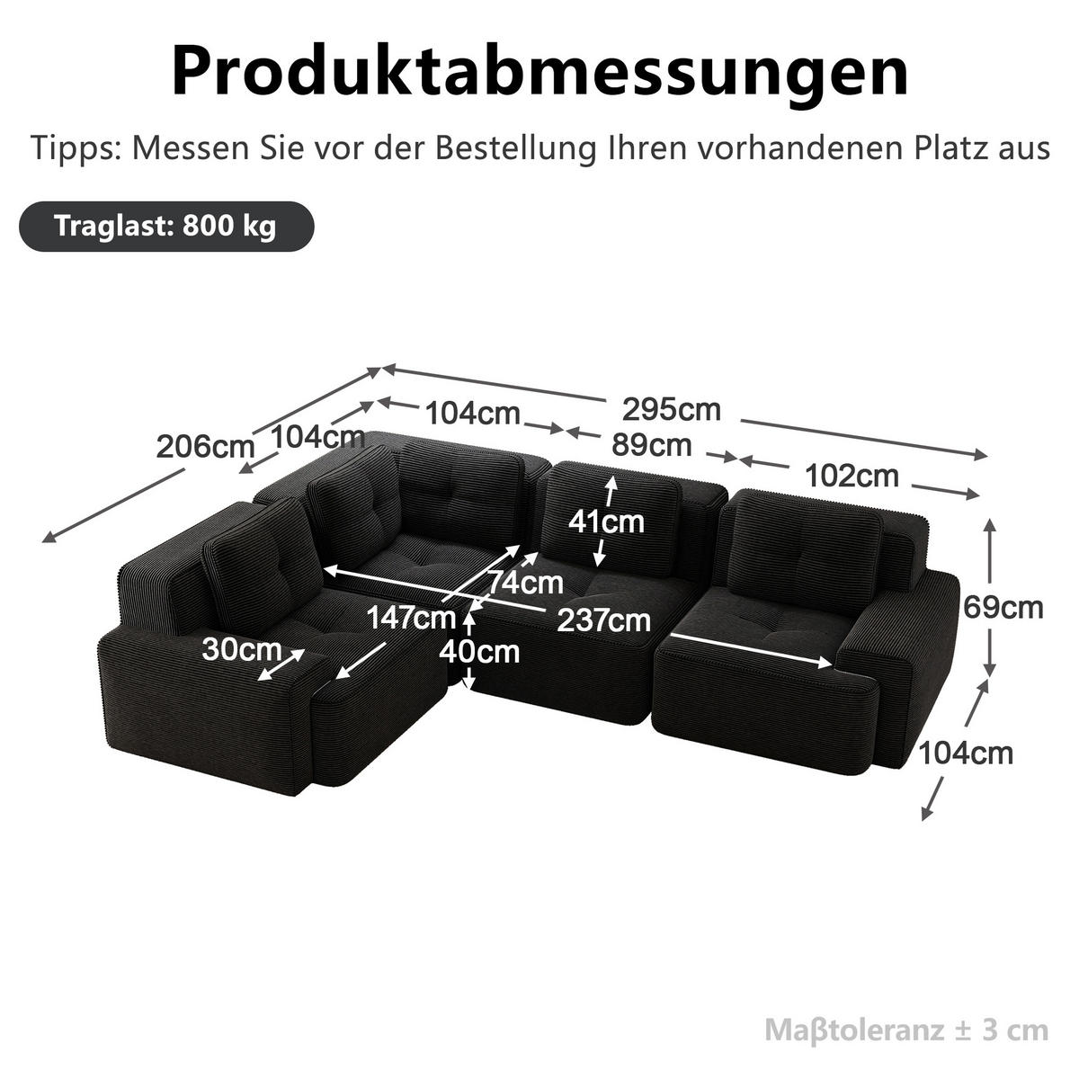 ECKSOFA DE-34222 modularer Tiefsitz Schwarz - Schwarz, Textil (104/382cm) - ComfortXL