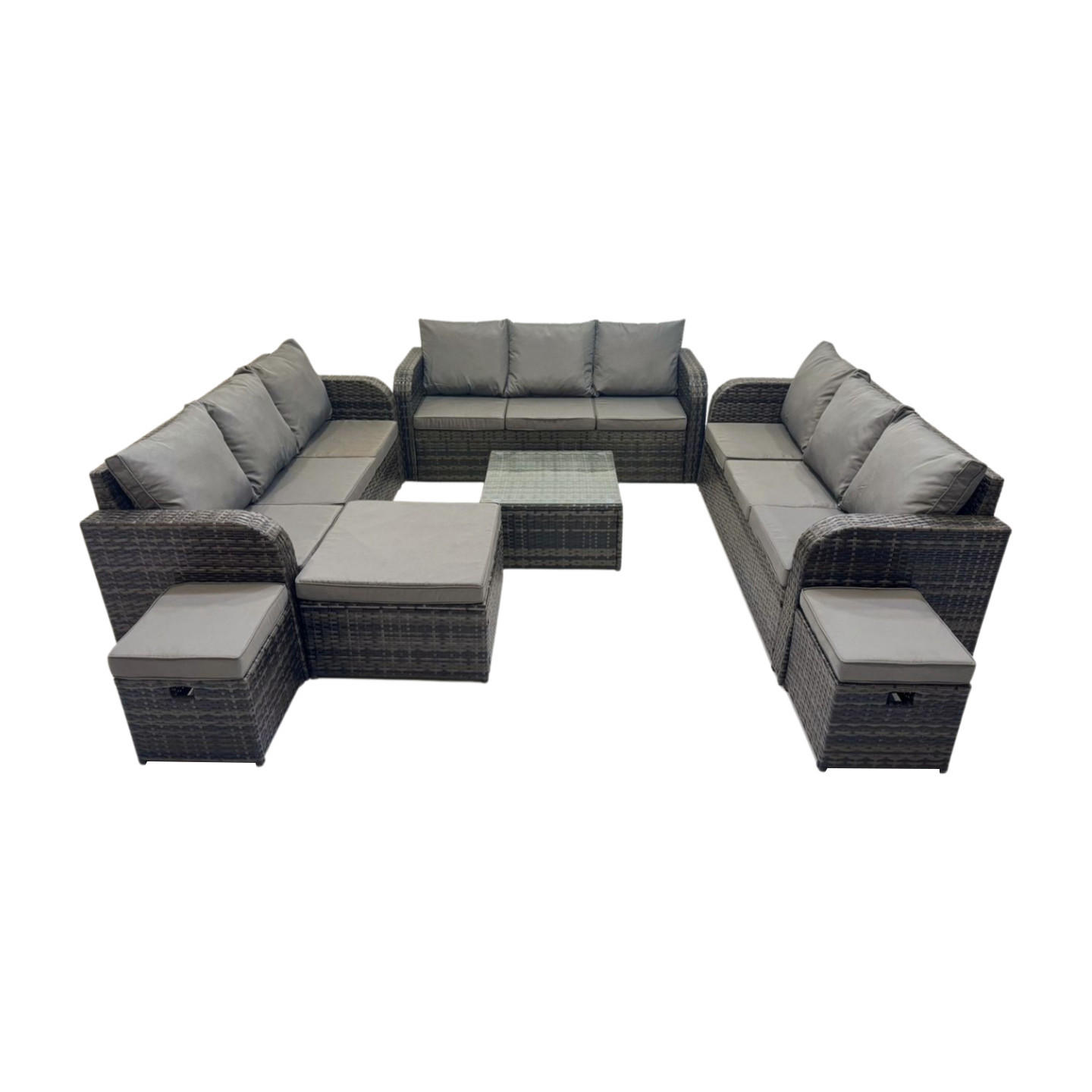 GARTENMÖBELGARNITUR mit KISSEN Polyrattan Dunkelgrau 12-Sitzer - Dunkelgrau/Grau, Glas/Kunststoff - Fimous
