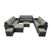 GARTENMÖBELGARNITUR mit KISSEN Polyrattan Dunkelgrau 12-Sitzer - Dunkelgrau/Grau, Glas/Kunststoff - Fimous