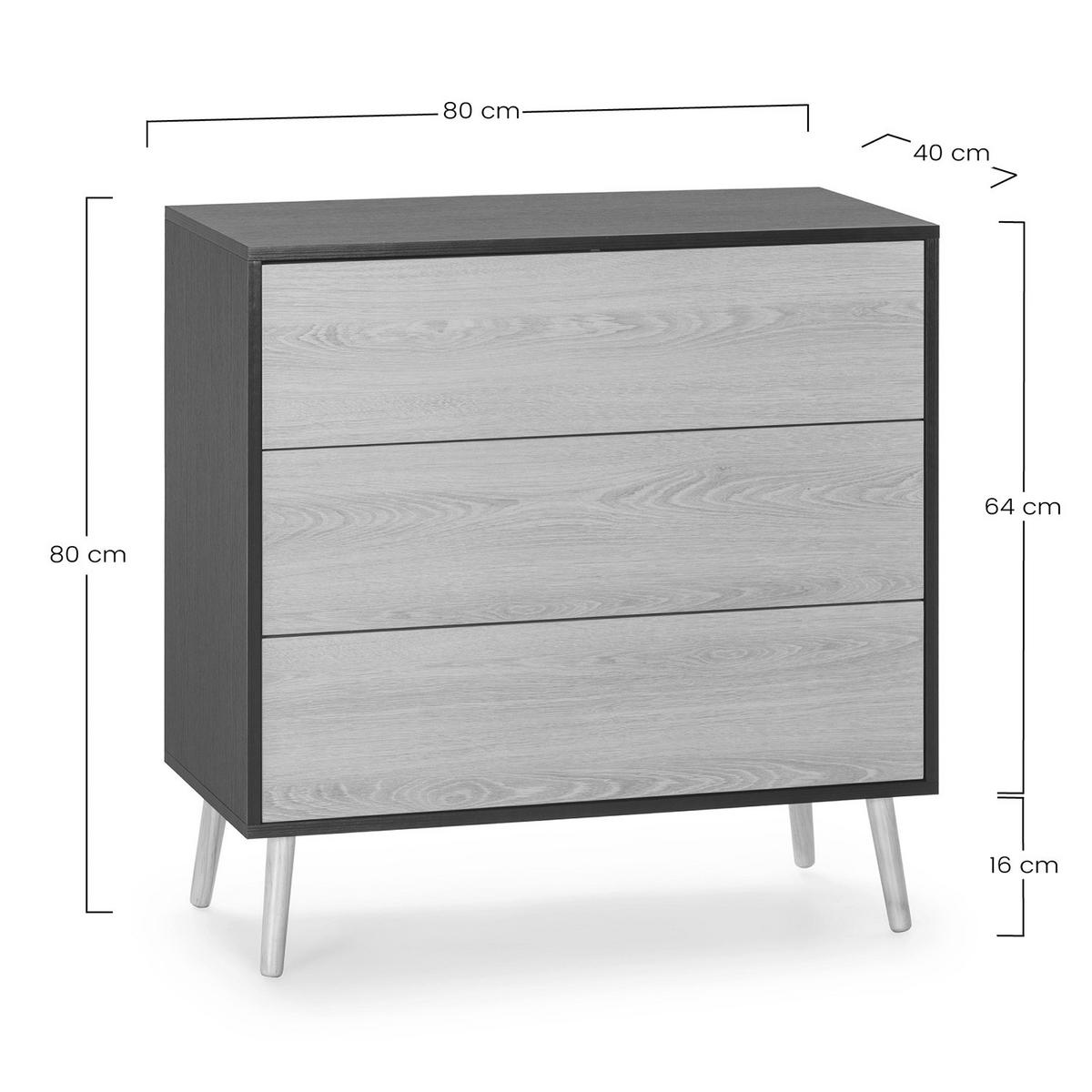 KOMMODE 80/80/40 Apolo 3 Schubladen - Schwarz, Holzwerkstoff (80/80/40cm)