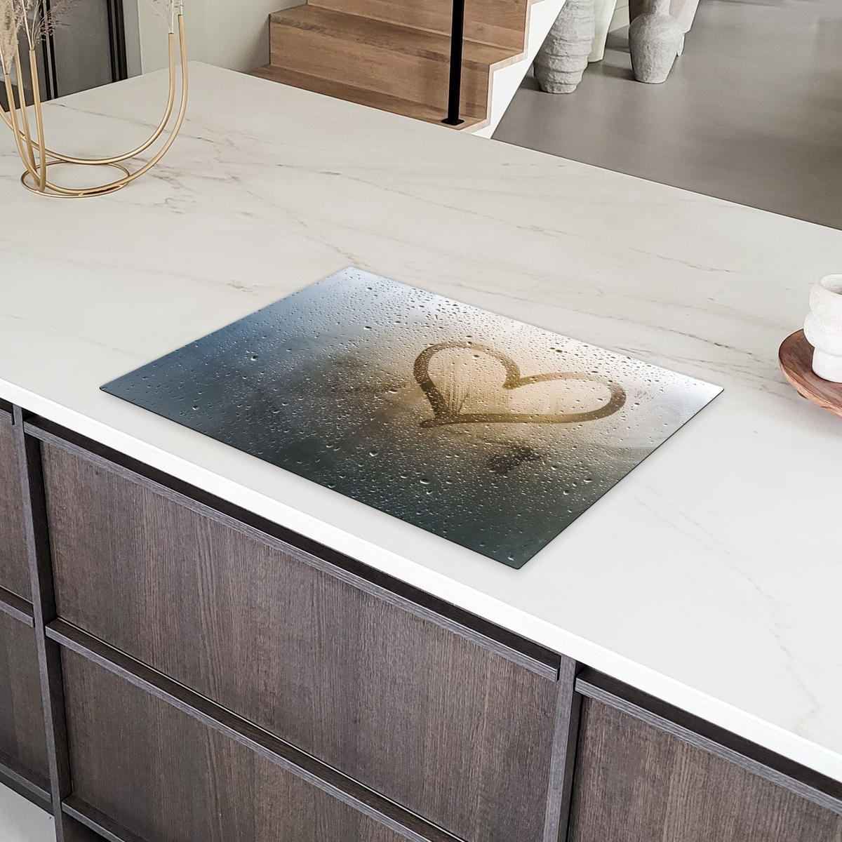 HERDABDECKPLATTE Herz - Kondenswasser - Wasser - 3D Herdabdeckung Induktionsfeld 75x52 cm - Grau, Kunststoff (75/52/0.2cm) - MuchoWow