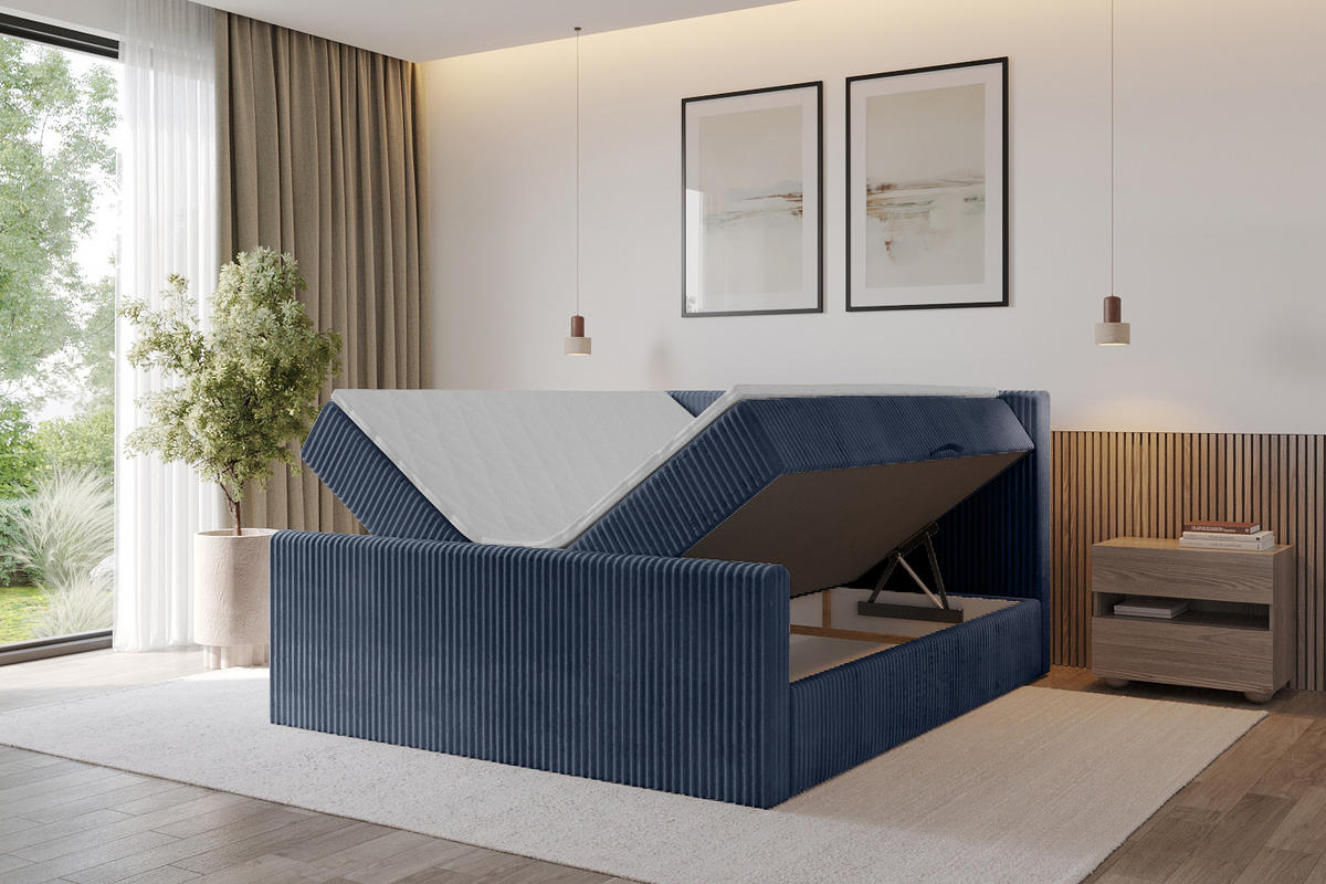 BOXBETT mit Matratze H3 und Lattenrost - TOLO-Z - 200x200 Cord - Dunkelblau - Dunkelblau, Holzwerkstoff (200/200cm) - ALTDECOR