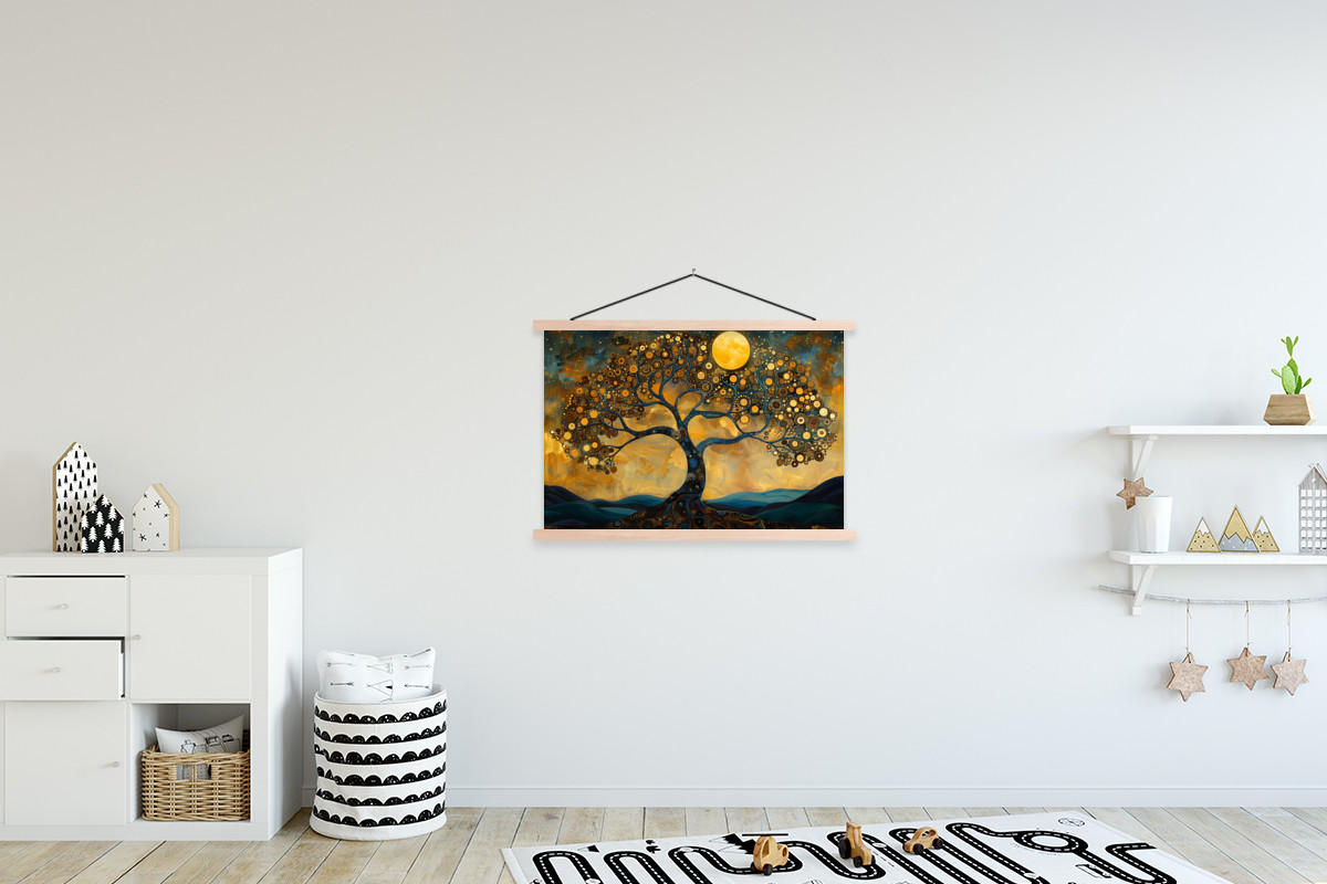 POSTER Baum - Mond - Blumen - Gold - Kunst 90x60 cm - Orange, Textil (90/60/0.15cm) - MuchoWow
