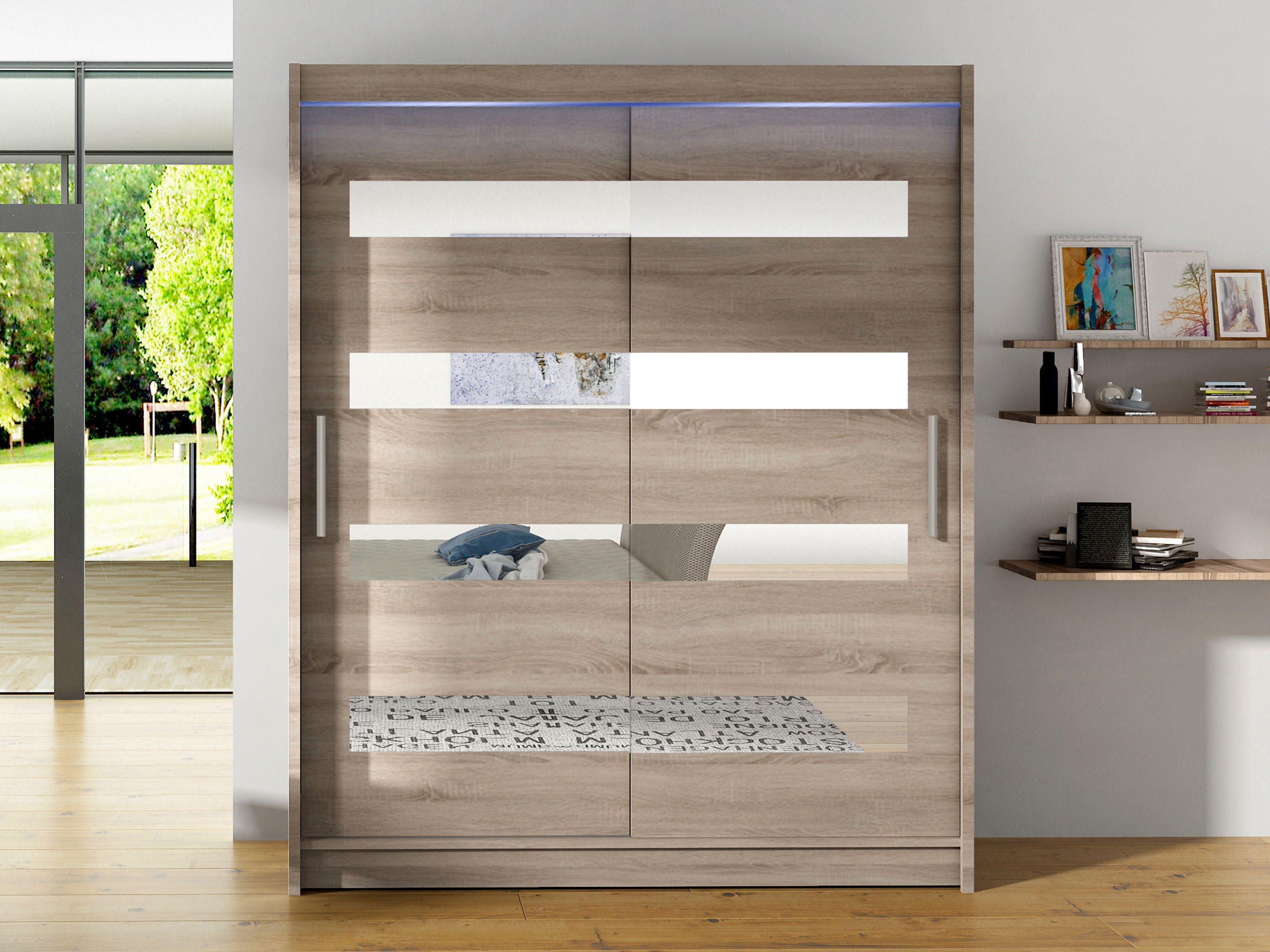 SCHWEBETÜRENSCHRANK Westa XIII, mit RGB LED Beleuchtung - Silberfarben/Trüffeleichefarben, Holzwerkstoff/Metall (150/200/58cm) - MIRJAN24