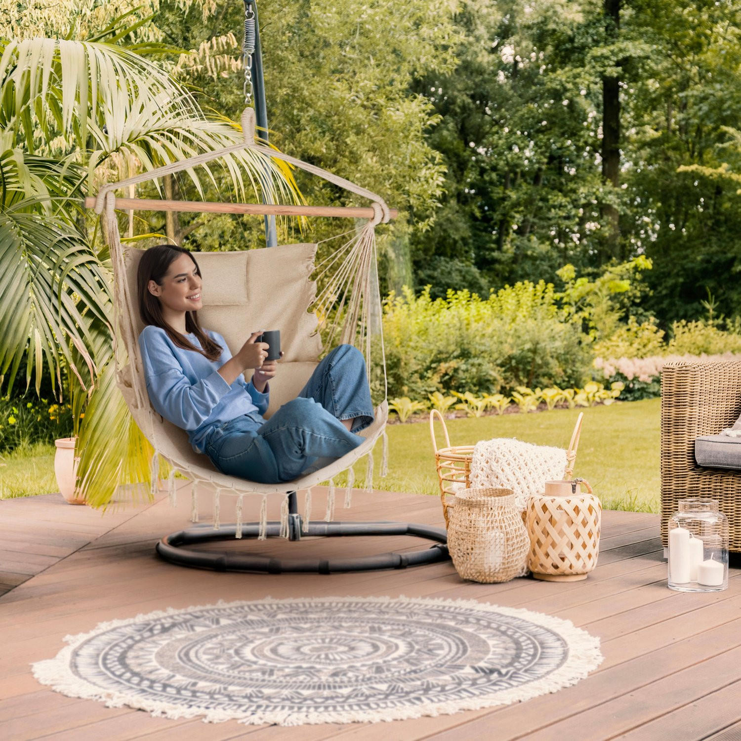 HÄNGESESSEL mit 3 Kissen 75/100/130 cm, bis 140 kg - Beige, Textil (100/130/75cm) - Outtec