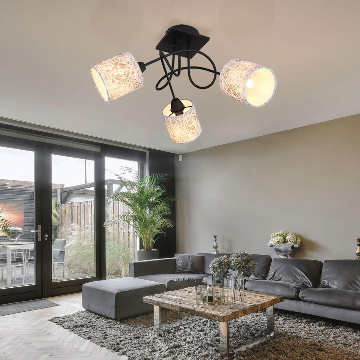 DECKENLEUCHTE Metall Grau Textil 3-flammig - Schwarz, Holz (46/46/27.5cm)