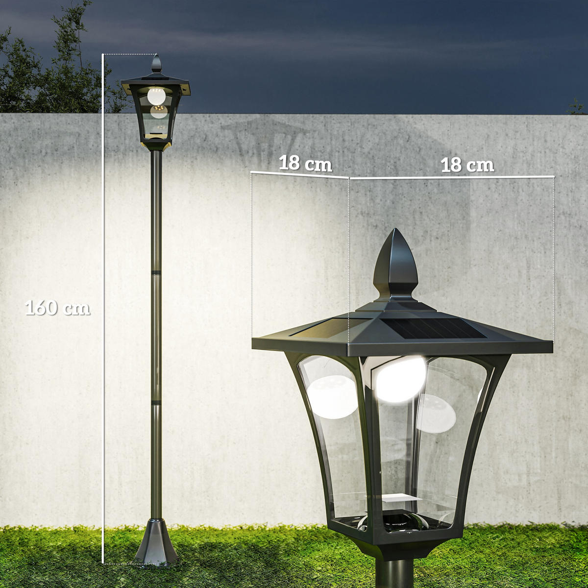 SOLAR Gartenlaterne mit LED Laterne Wegleuchte 40 Lumen H160cm Schwarz - Schwarz, Metall (18/18/160cm) - Outsunny