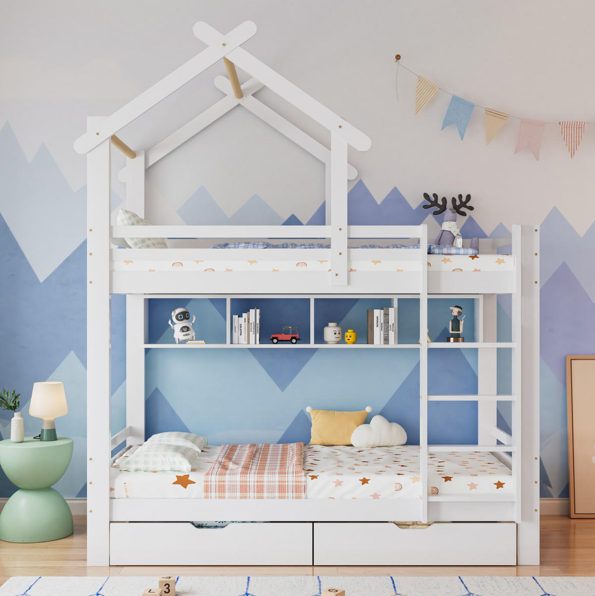 ETAGENBETT aus Kiefer und MDF 90x200 cm Weiß mit Schubladen, Regalen, Fallschutz und Leiter - Weiß, Holzwerkstoff (90/200cm) - Modfu