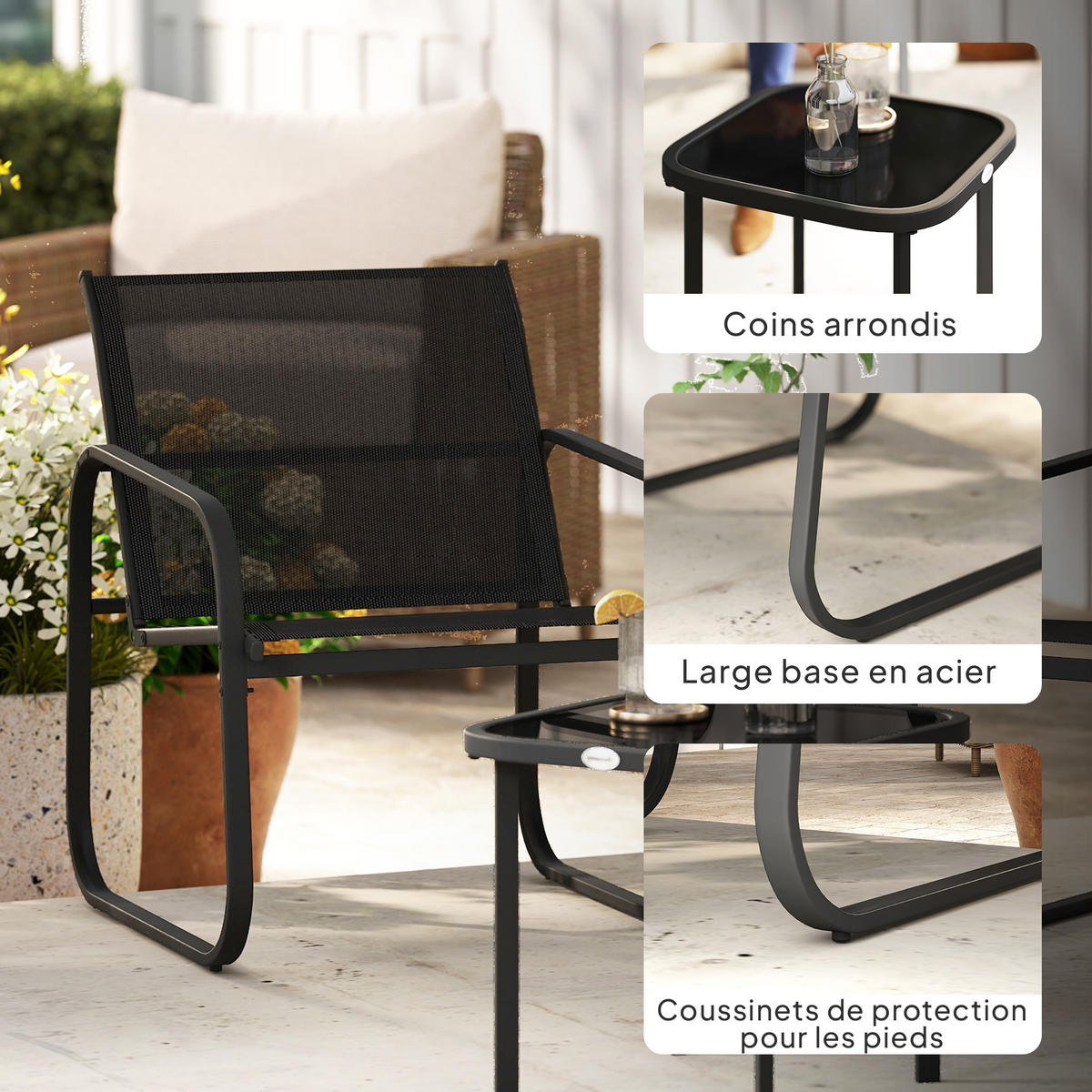 BALKONSET 3-teilig DE-14140 2 Mesh-Stühle, Glastisch Schwarz - Schwarz, Metall - ComfortXL