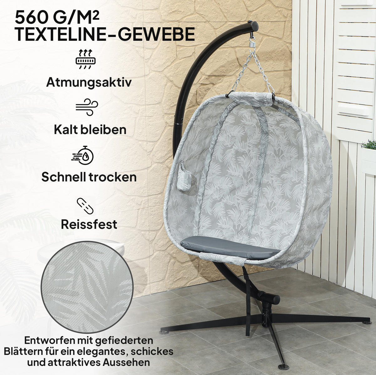 ZÁVĚSNÉ křeslo 126/90/180 cm skládací s ocelovým stojanem a silným polstrem, Šedá - šedá, kov (90/180/126cm) - Redom