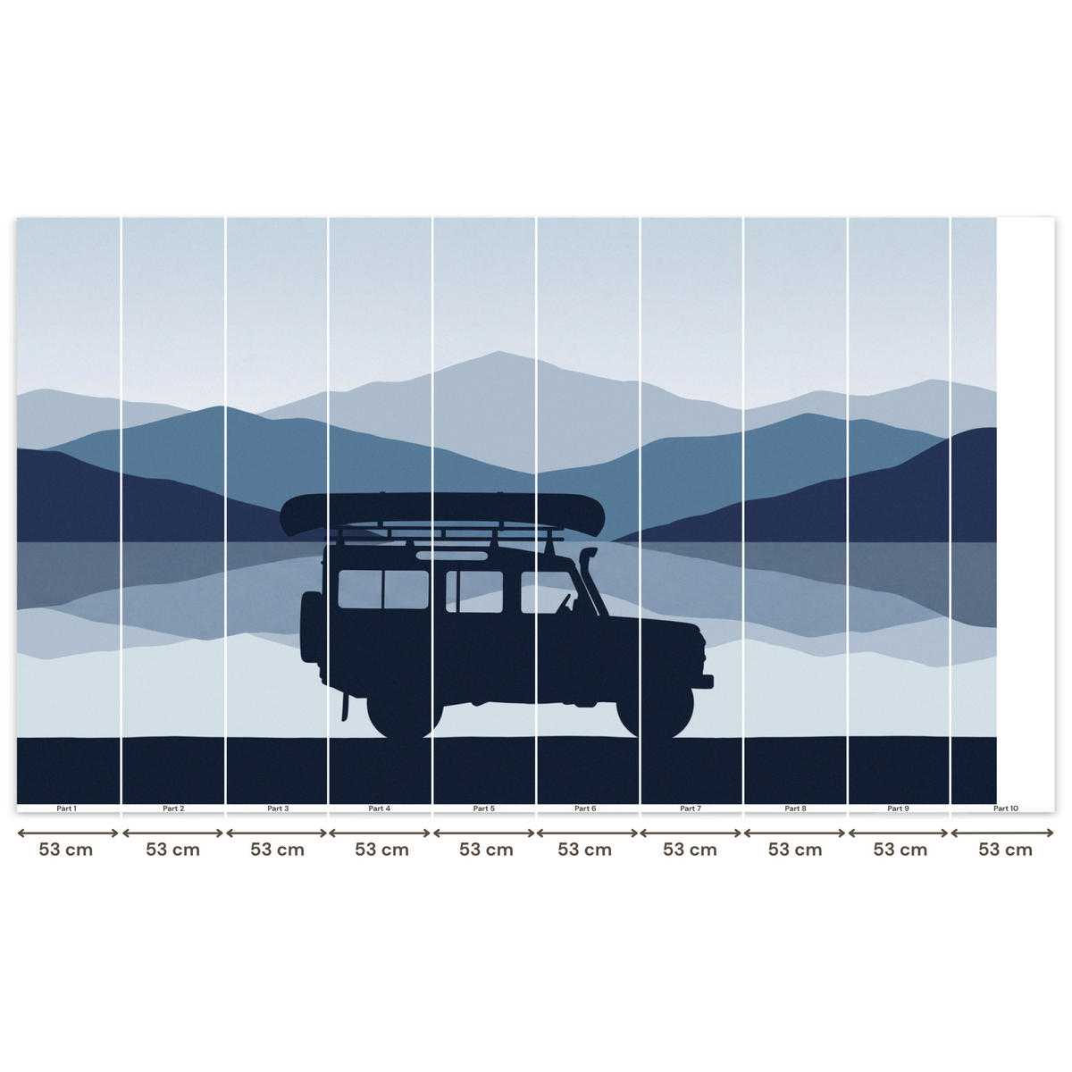 KINDERTAPETE - Auto - See - Berge - Blau - 450x280 cm - Blaugrau, Papier (450/280cm) - OnlyWow