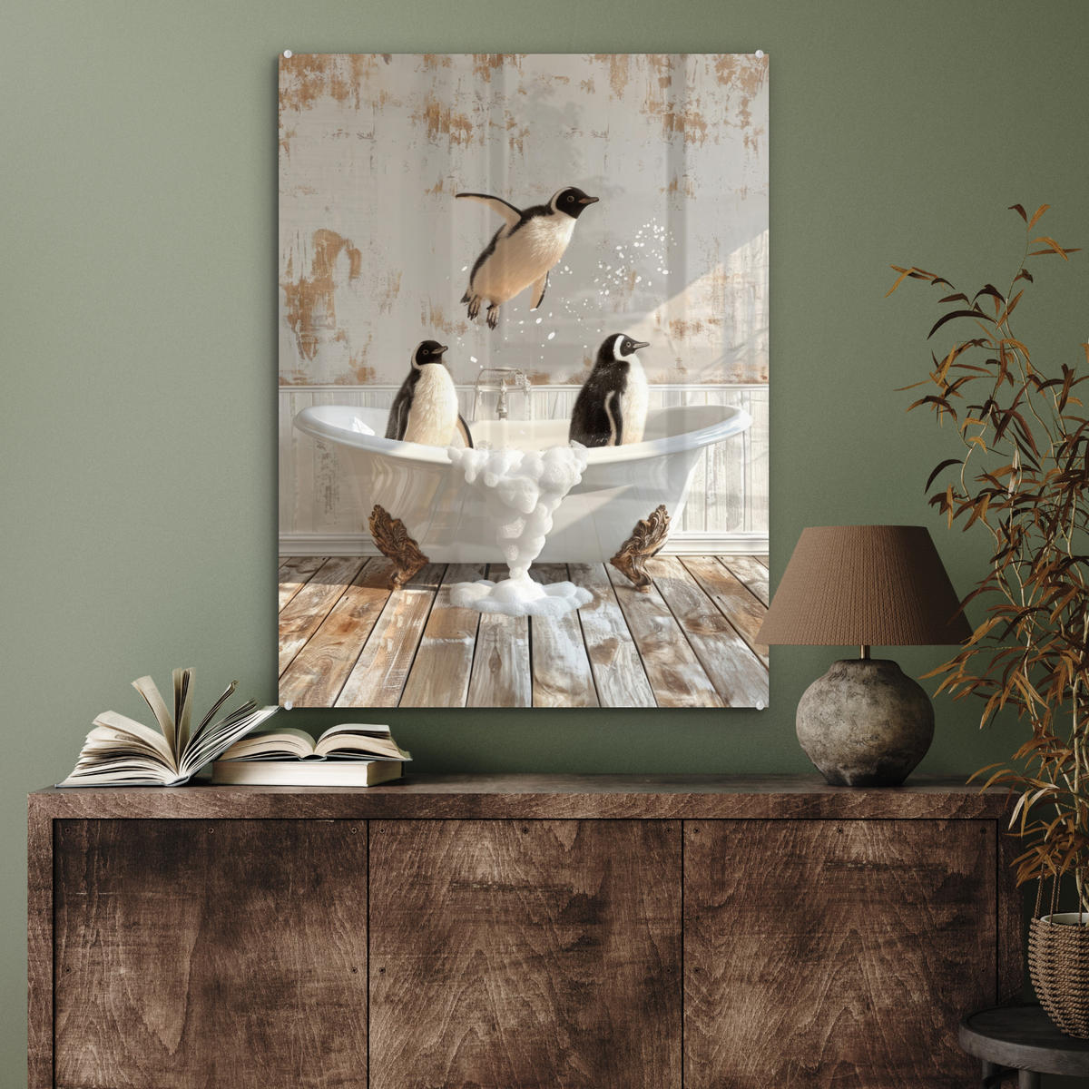 ACRYLGLASBILD Vintage - Pinguin - Badewanne - Schaumstoff 60x80 cm - Schwarz, Glas (60/80cm) - MuchoWow