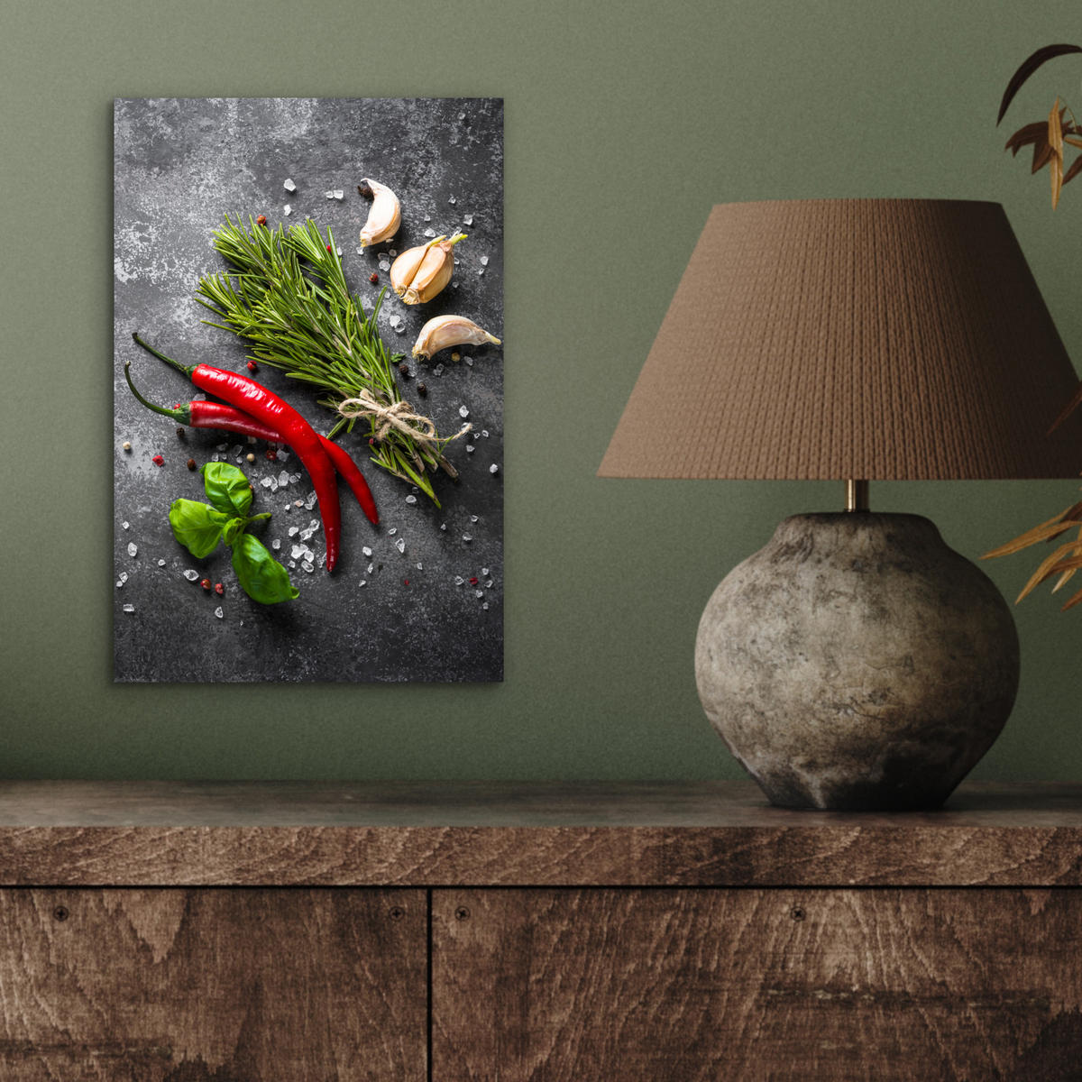 KOVOVÝ OBRAZ Korenie - bylinky - korenie - betón 20x30 cm - tmavosivá, kov (20/30cm) - MuchoWow
