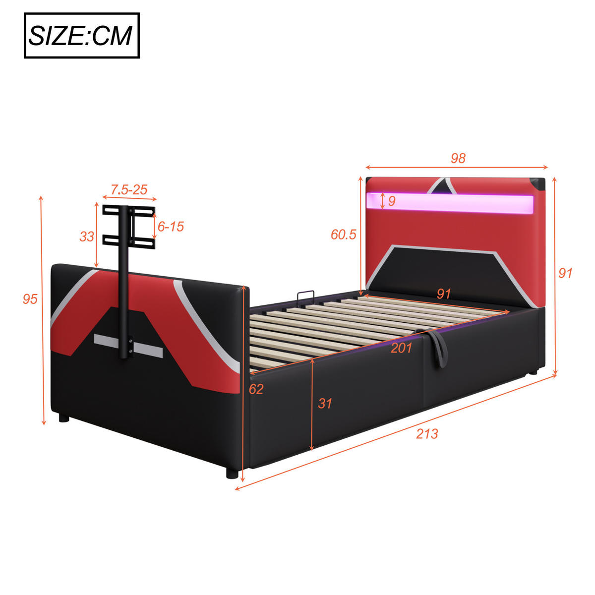 POLSTERBETT 90/200 cm Schwarz mit LED-Beleuchtung mit Stauraum und TV-Halterung PU-Leder - Schwarz, Kunststoff (90/200cm) - OKWISH