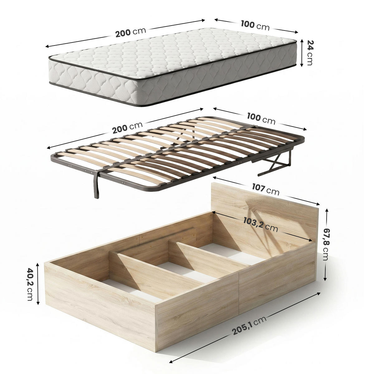 BETT mit Bettkasten 100x200 cm Metalllattenrost und Federkernmatratze Sonoma Eiche - Sonoma Eiche, Holzwerkstoff (100/200cm) - Akord