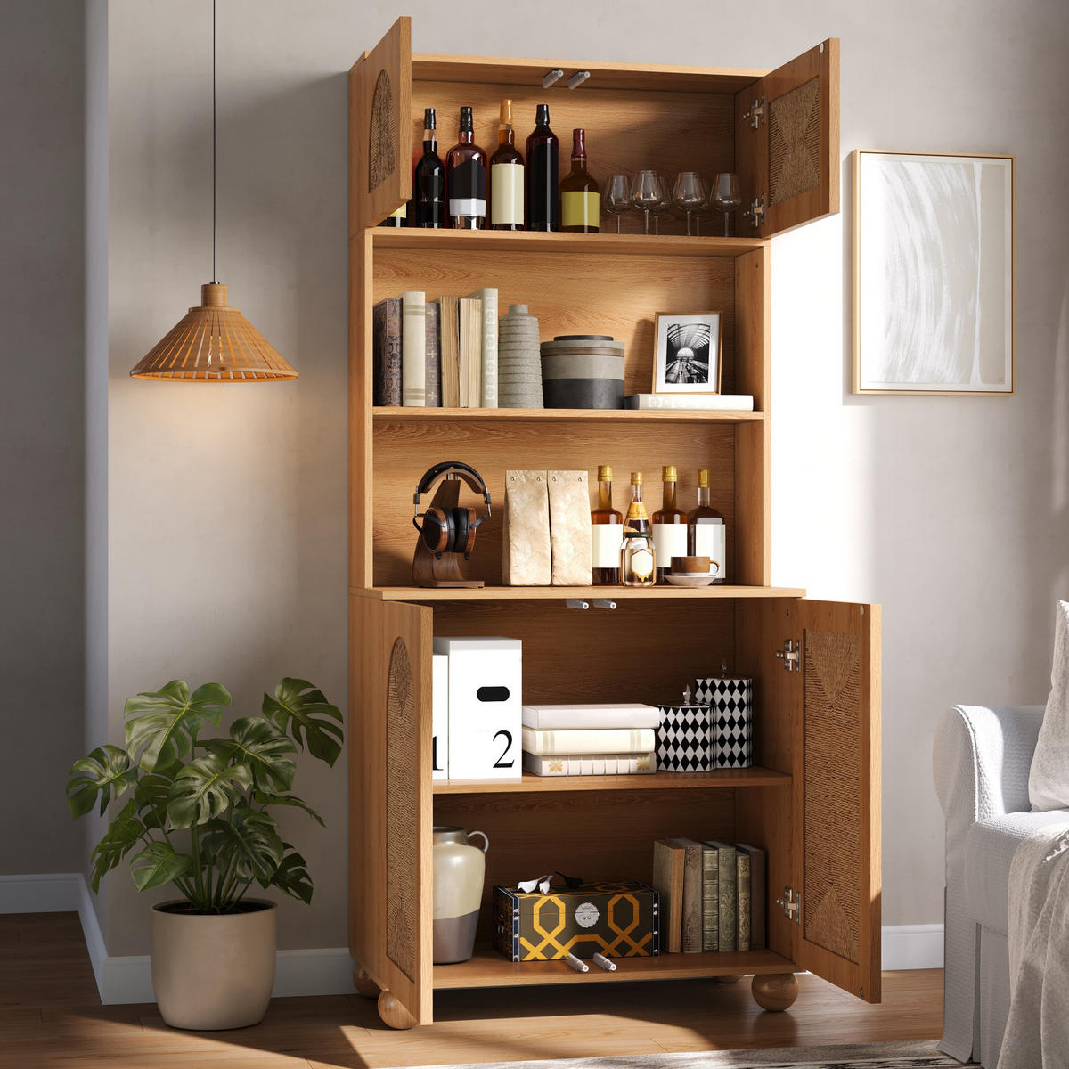 SIDEBOARD Hochschrank Seilgeflecht Türen Stauraum Holzfüße Modern - Naturfarben, Holzwerkstoff (80/180/40cm) - FLIEKS