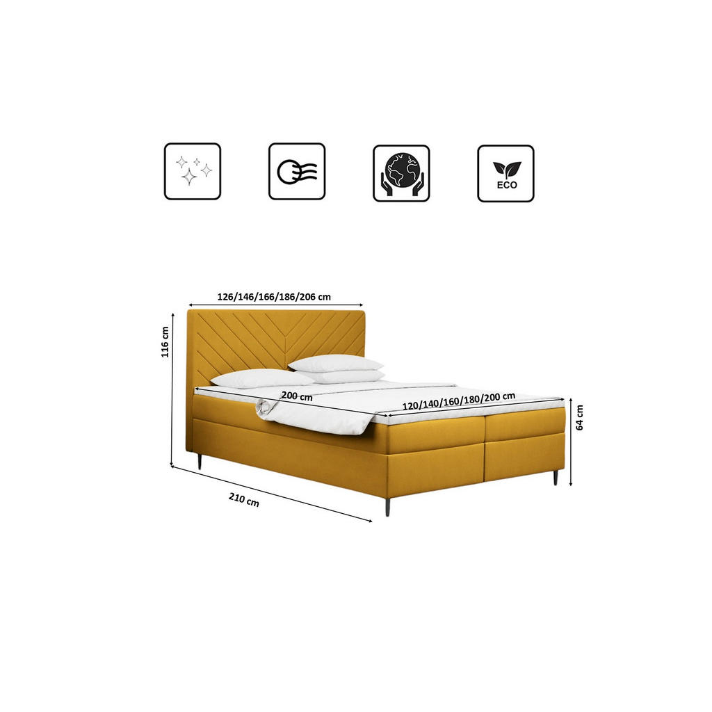 Thumbnail - Kaiser Möbel Boxbett, Gelb, Textil, H2, Höhe ca. 20 cm, einzeln stellbar,Rechteckig, eckig, 140x200 cm, Schlafzimmer, Be...