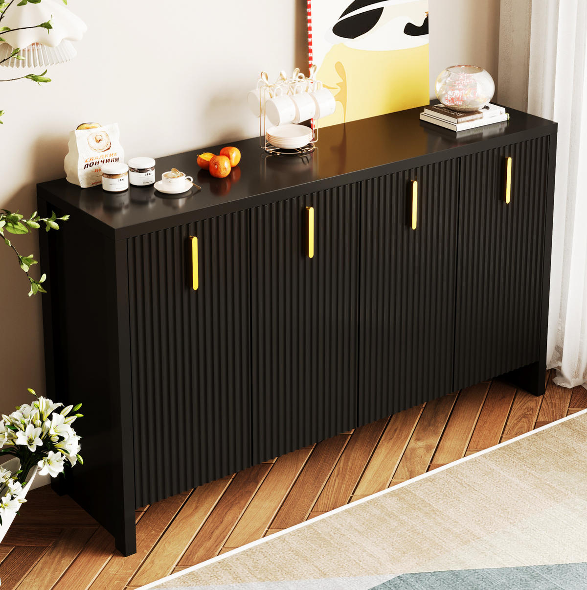 SIDEBOARD mit 4 Türen und verstellbaren Einlegeböden, 140/38/80 cm, Schwarz mit goldenen Griffen - Schwarz, Holzwerkstoff (140/38/80cm) - Redom