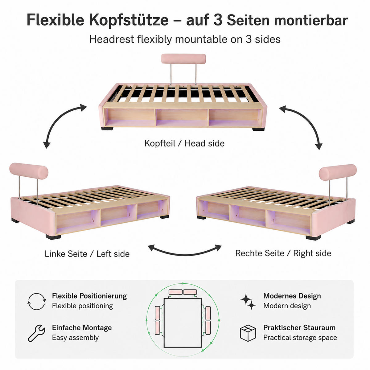 POLSTERBETT 90/200 mit LED-Seitenregal, offenem Stauraum und 3-seitig montierbaren Kopfstützen in Rosa - Rosa, Holzwerkstoff/Textil - EVRYAE