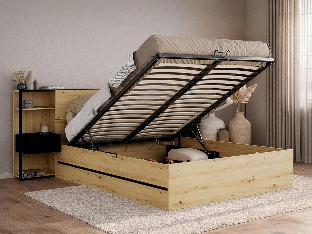 BETT mit Bettkasten - 2 Personen - Holz, Platte - Schwarz, Naturfarben Hell - Schwarz/Naturfarben, Holz (160/200cm) - Vente-Unique