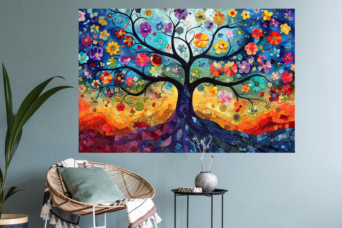 WANDTATTOO Kunst - Baum des Lebens - Blumen - Hippie 120x80 cm - Dunkelblau, Kunststoff (120/80/0.1cm) - MuchoWow
