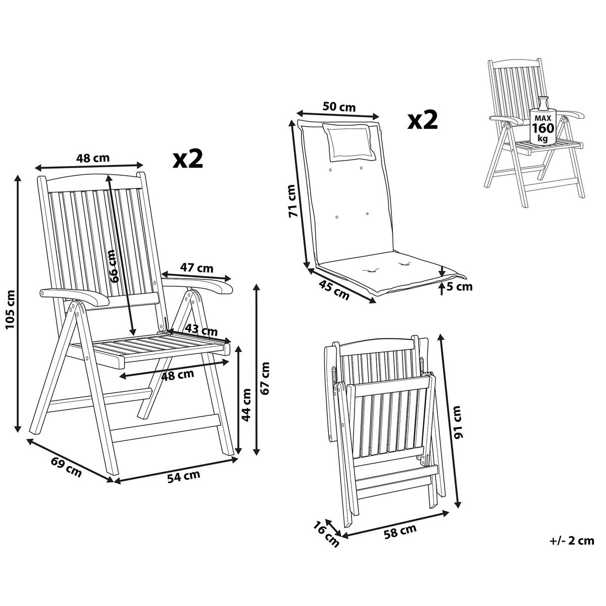 GARTENSTUHL 2er-Set und Sitzkissen Akazienholz Blau Amantea Premium - Dunkelbraun, Holz (54/105/69cm) - Beliani