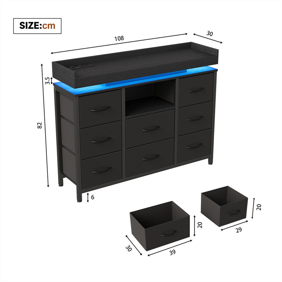 KOMMODE mit 8 Schubladen - integrierte Ladestation und RGB-LED-Beleuchtung - Schwarz - Schwarz, Holzwerkstoff (108/82/30cm) - DELFA