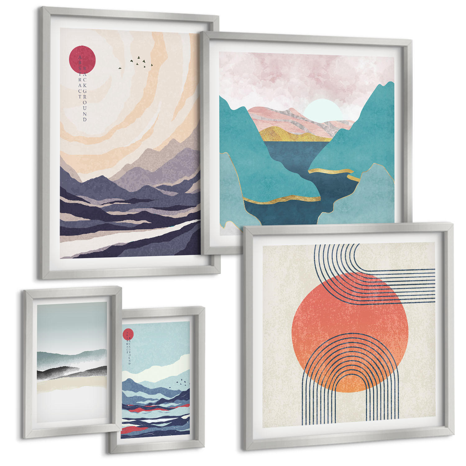 BILDER SET 5er Set - 50x50 cm & 20x30 cm & 40x60 cm Silberner Rahmen - Farbenfrohe Muster der Japandi-Flussberge - Silberfarben, Kunststoff (40/60cm) - TULUP