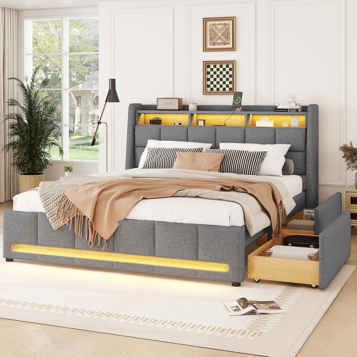 POLSTERBETT mit LED, USB und 2 Schubladen 140x200 cm Leinen Grau - Grau, Holz (140/200cm) - Meubliv